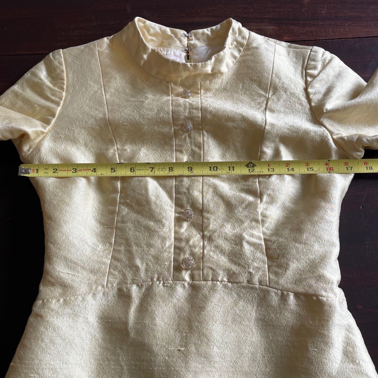 Vintage 60s Maxime of California Yellow Shantung Shift Dress Rhinestone Button