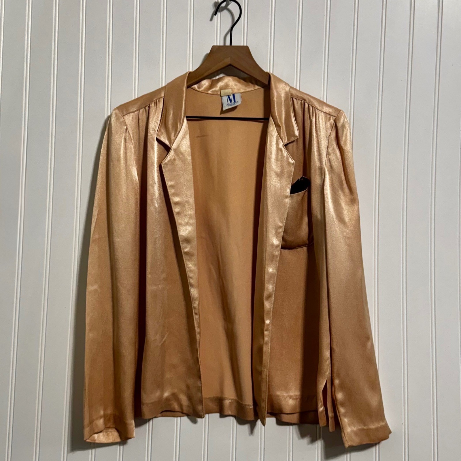 Vintage M Company Womens 9 Gold Satin Blazer Jacket Open Front 80s Mob Wife