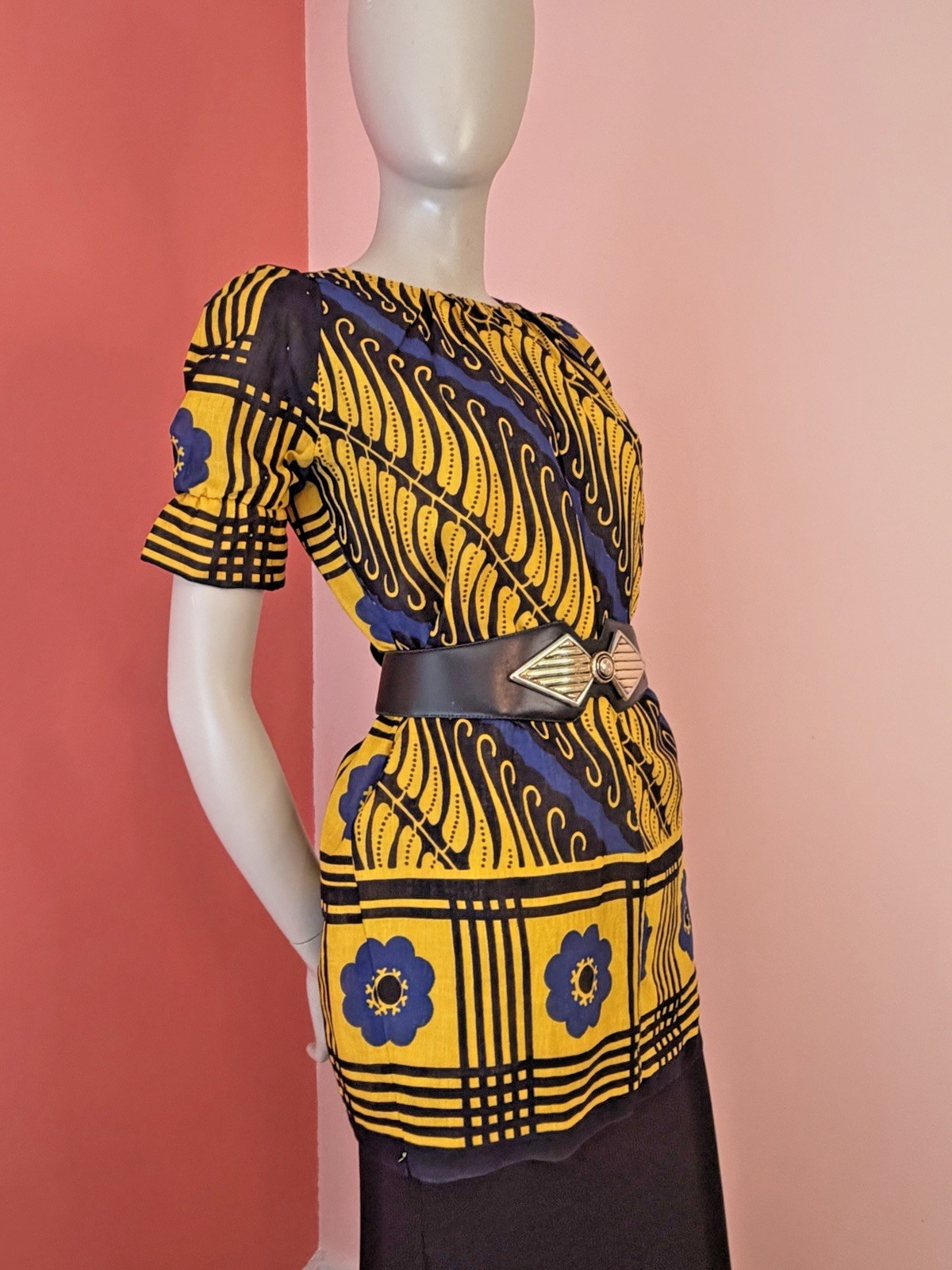 VTG 60s 70s Mod Tunic Top Blue Yellow Floral Graphic Print Flower gogo hippie L