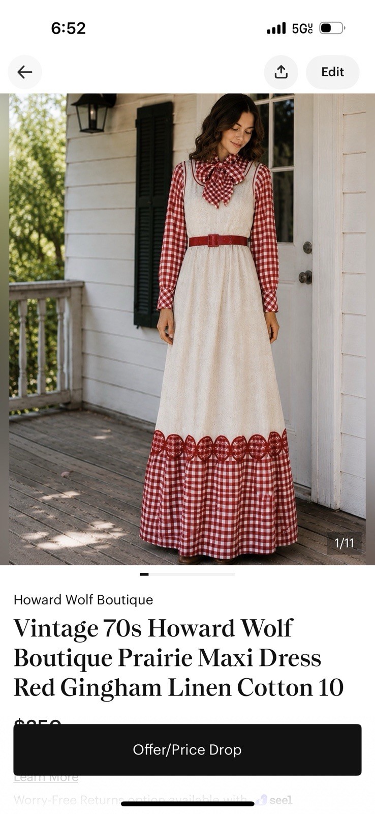 Vintage 70s Howard Wolf Boutique Prairie Maxi Dress Red Gingham Linen Cotton 10