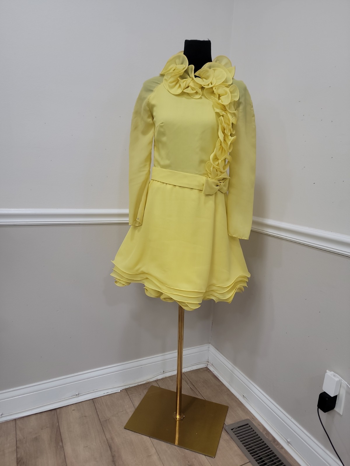 VTG 60&rsquo;s&rsquo;70s Pouponne Anvers Belgium Yellow Chiffon Ruffle Mini Dress Mod