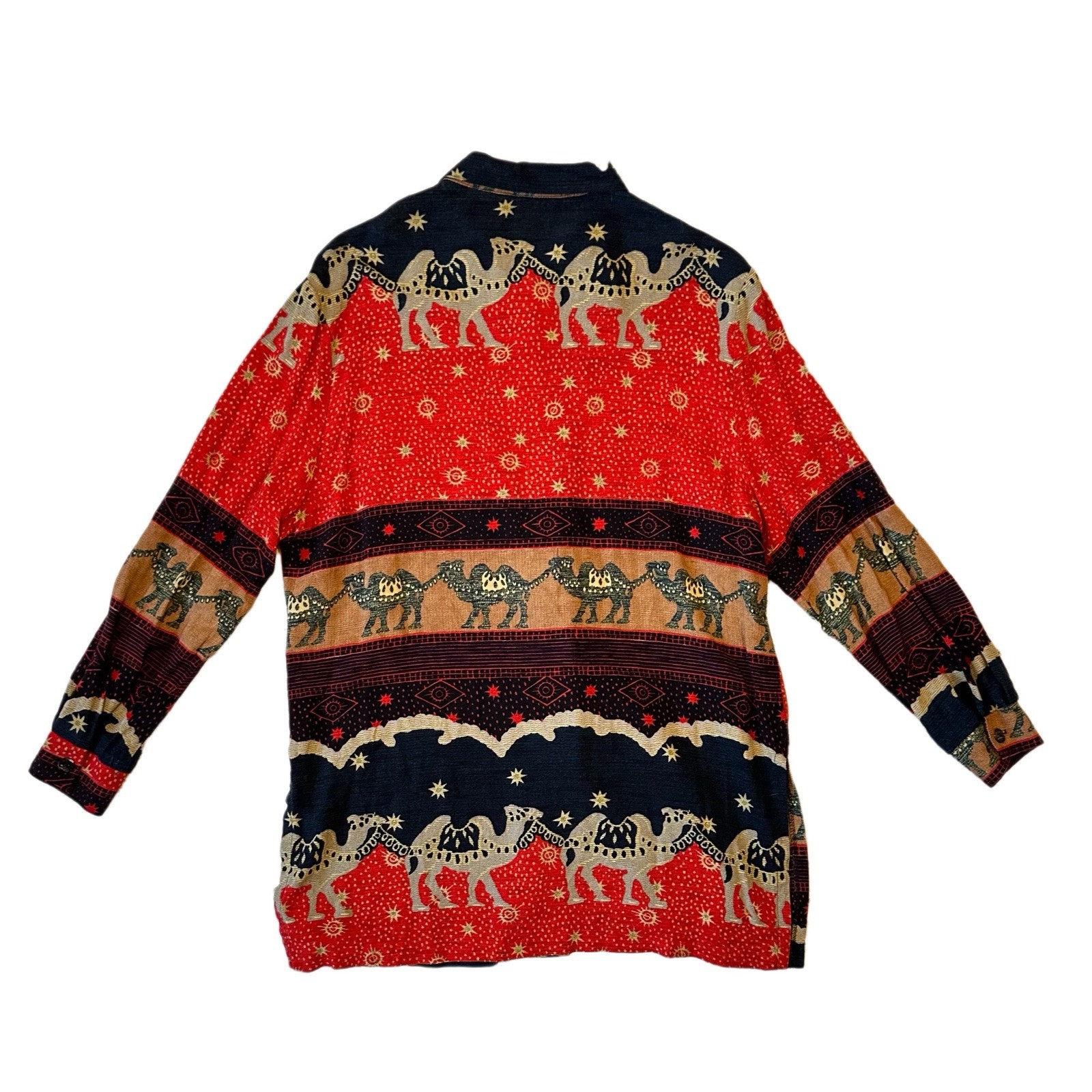 Vintage 90s Camel Whimsical Boho Buttonup Collared Top Rayon *missing Button M/L