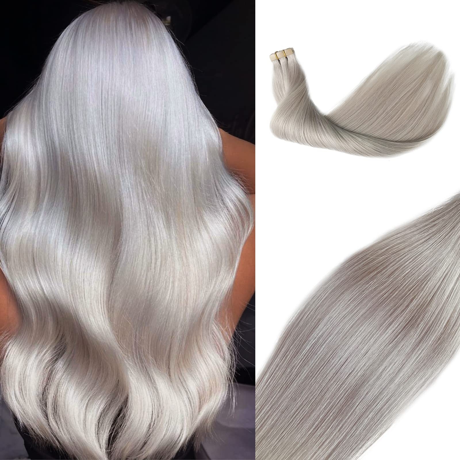 Platinum Silver Tape-in Hair Extensions 20&Prime; Silky Straight 100% Remy Human Hair