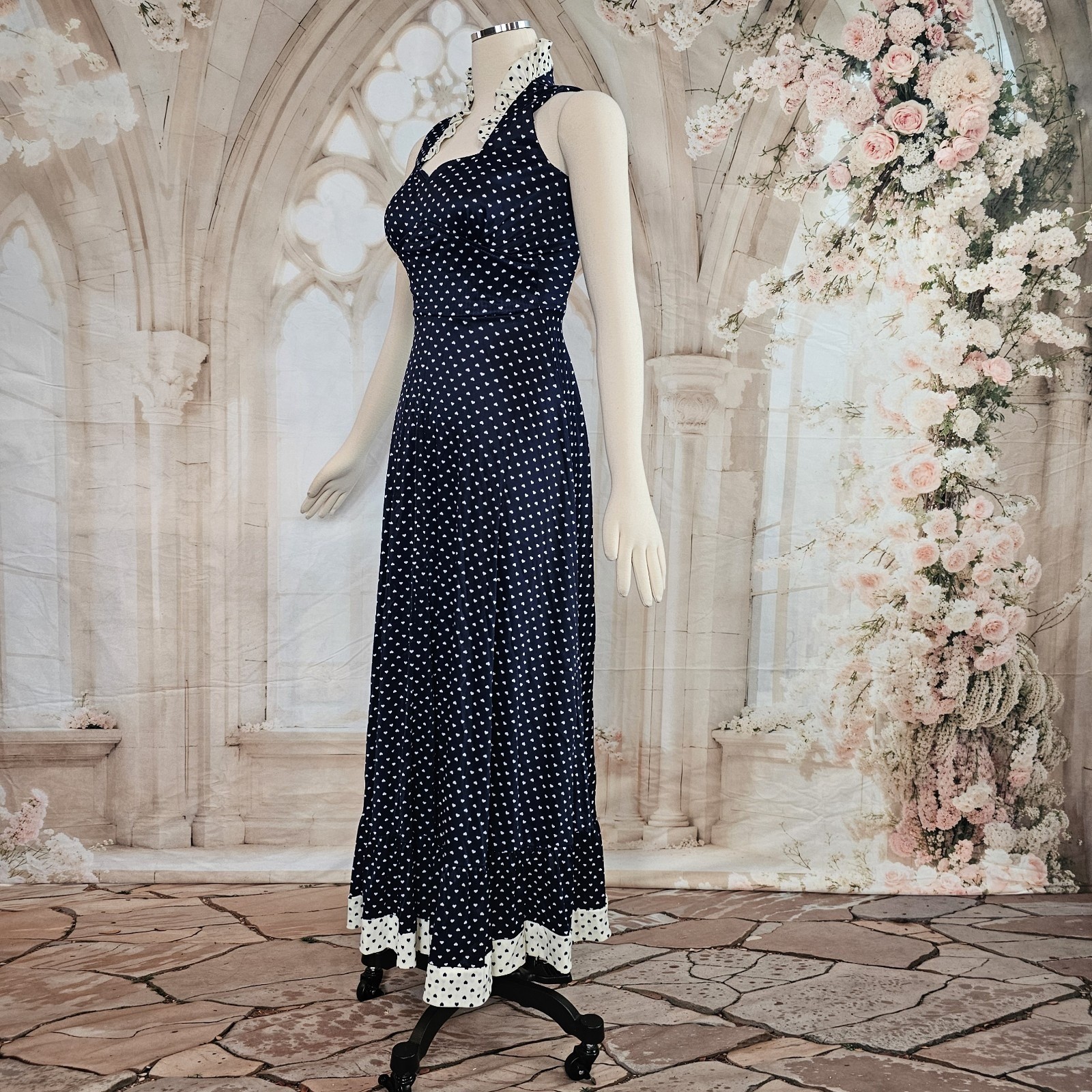 Vintage 1970s Dress Navy Blue White Hearts Ruffle Sweetheart Neckline Maxi