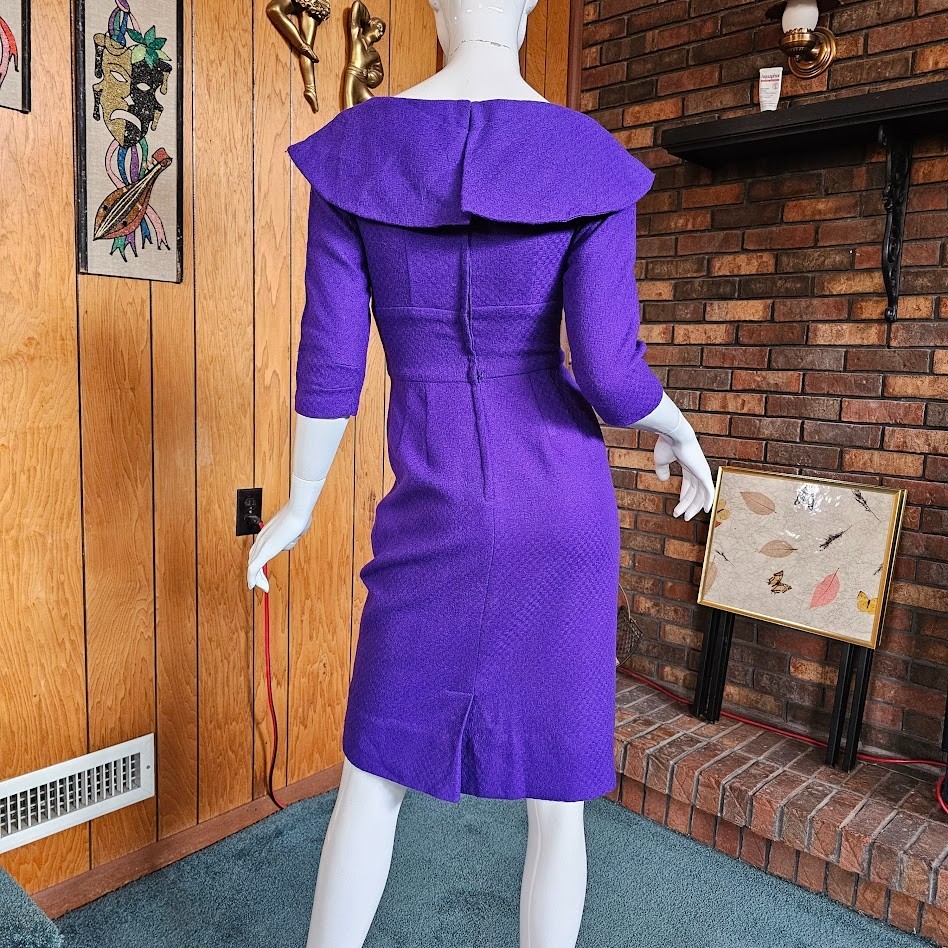 Vtg 50s Rockabilly Violet Purple Wool Wiggle Pencil Cocktail Party Dress XS/S