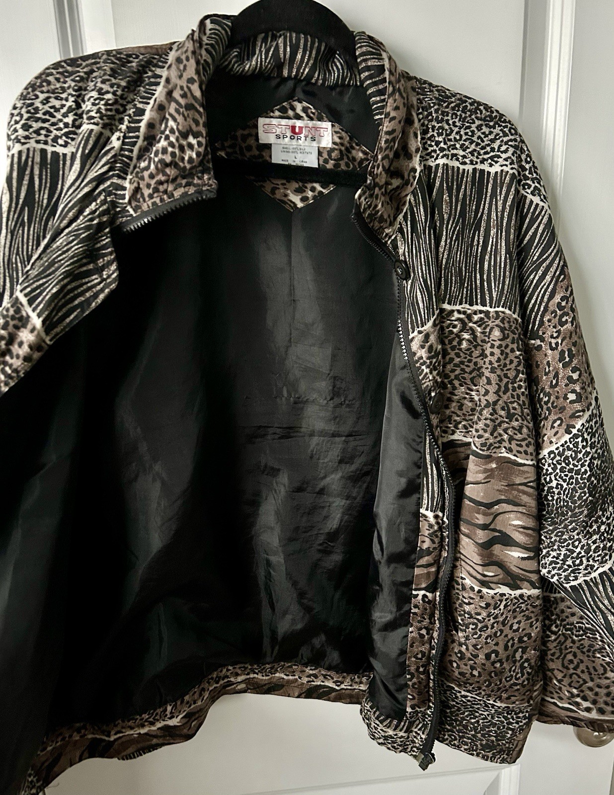 Vintage Silk Bomber Jacket 90&rsquo;s Leopard Print Stunt Sports Large Women&rsquo;s