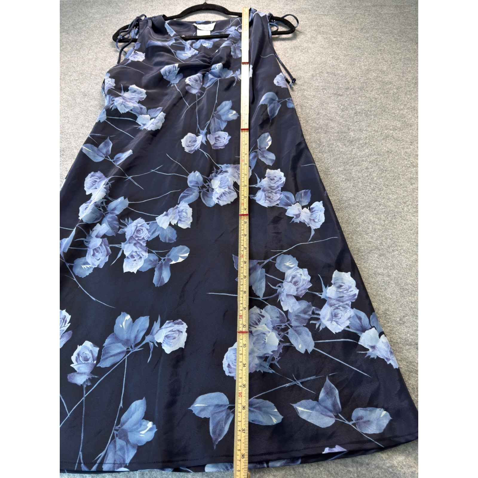 Lisa Jo Floral Midi Dress Women Large Navy Blue Vintage 90s Y2K Tie Shoulder