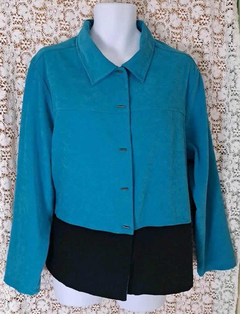 Apparenza Jacket 22W Turquoise & Black Faux Suede Button Front 1990s Vintage