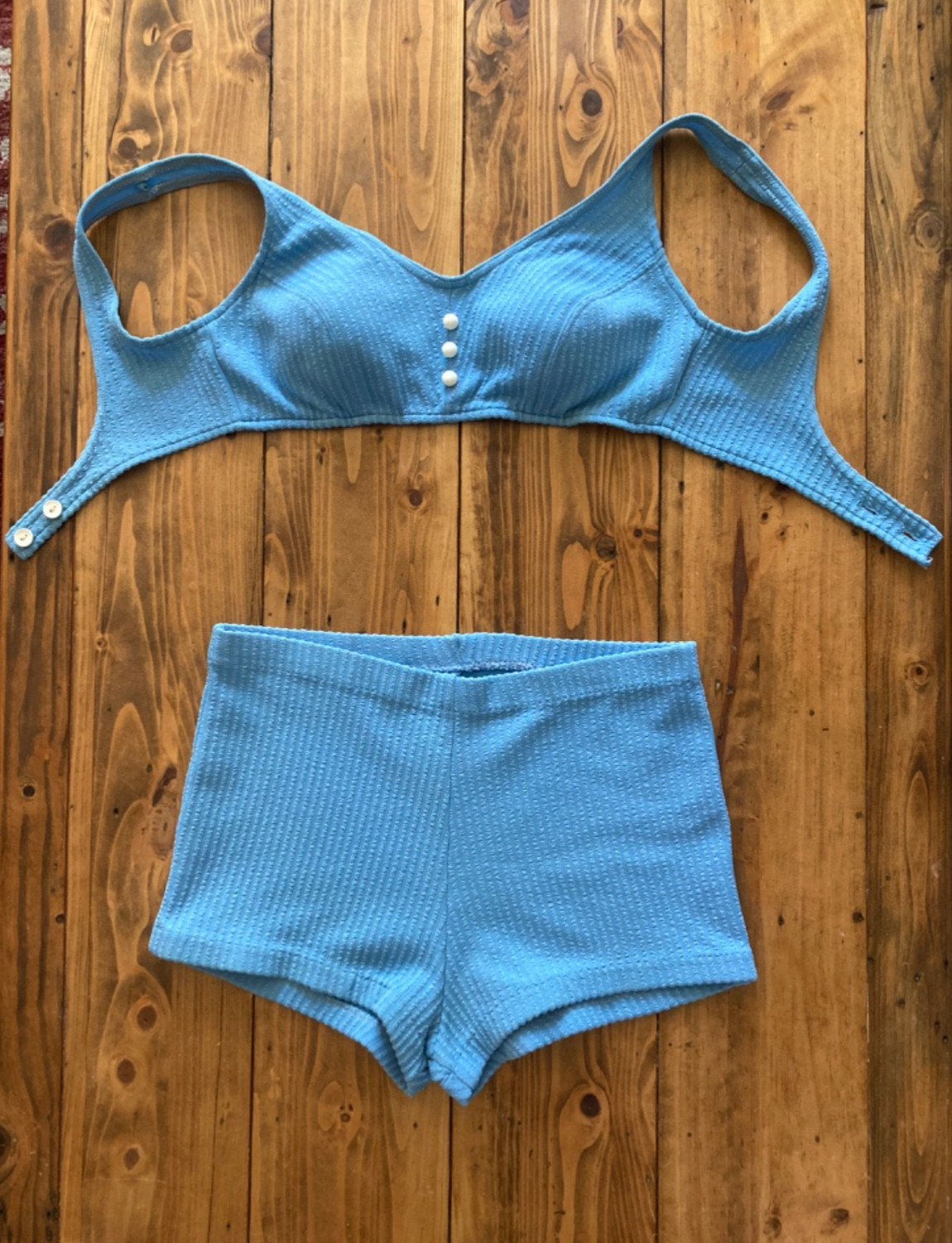 Vintage Sz 14 1960-70s Sky Blue Two Piece Bikini Set Knit Seersucker Stripe Mod