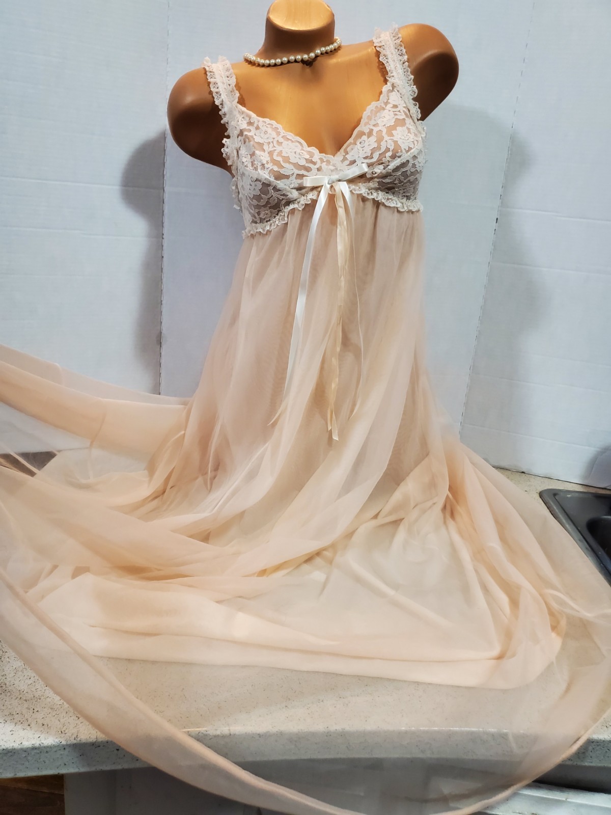 VTG LAYERED FULL SWEEP MAXi PEACH NYLON CHiFFON NiGHTGOWN LiNGERiE SLiP DRESS