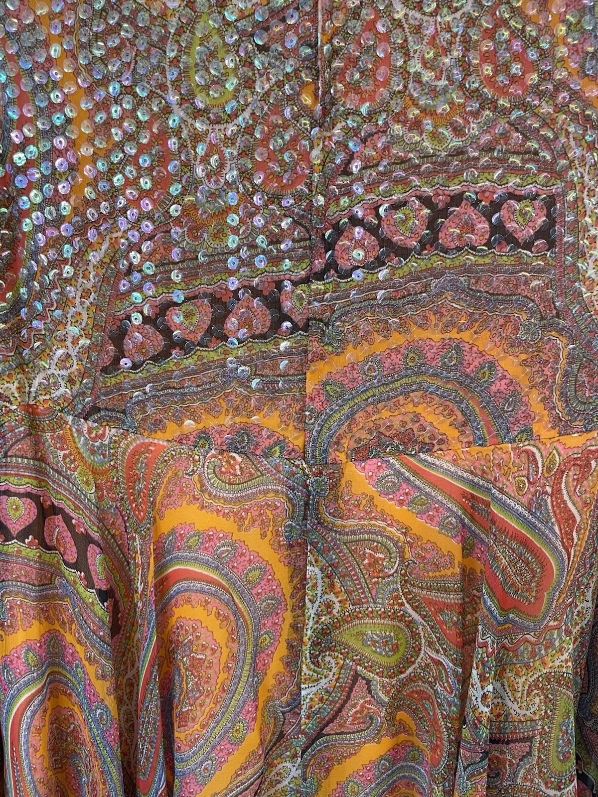 Vintage 60s/70s Lisa Meril Paisley Mini Dress sequin detail bright colors Disco