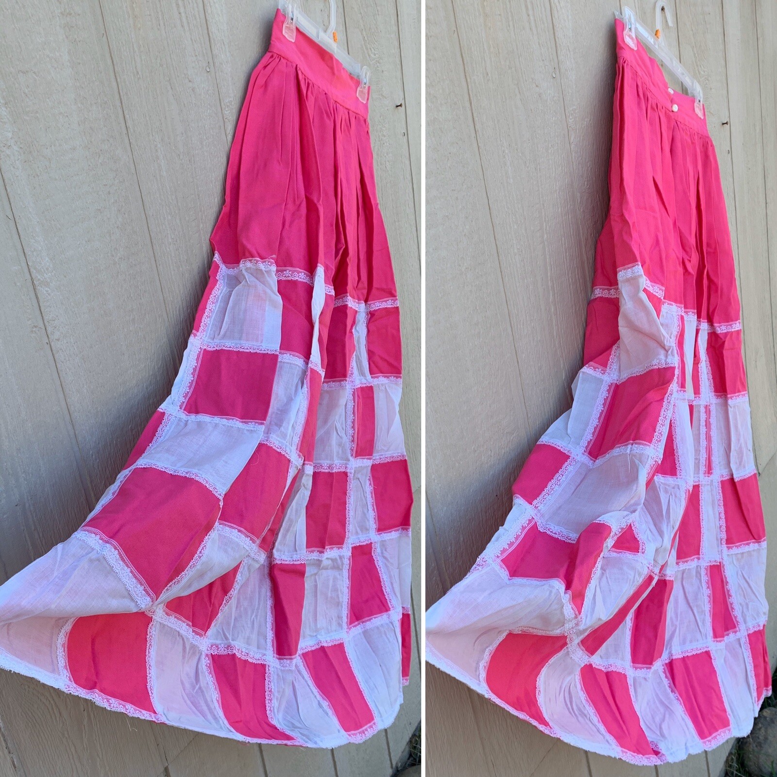 Vintage Marianne Pink & White Patchwork W/ Lace Maxi Skirt Hippie Boho 26” Waist