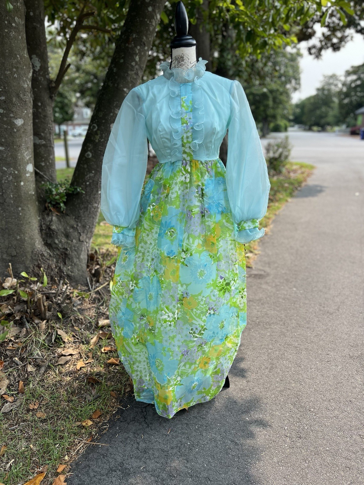 Sylvia Ann Vintage Maxi Evening Dress Blue Green Floral Sheer Long Sleeve Ruffl…