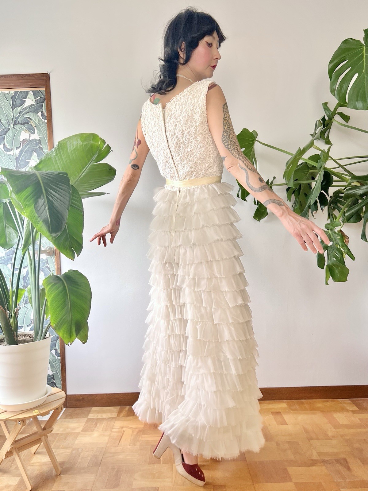 VTG 60s Kadine Lace Palazzo Jumpsuit White Tiered Chiffon Ruffle Mod Bridal S