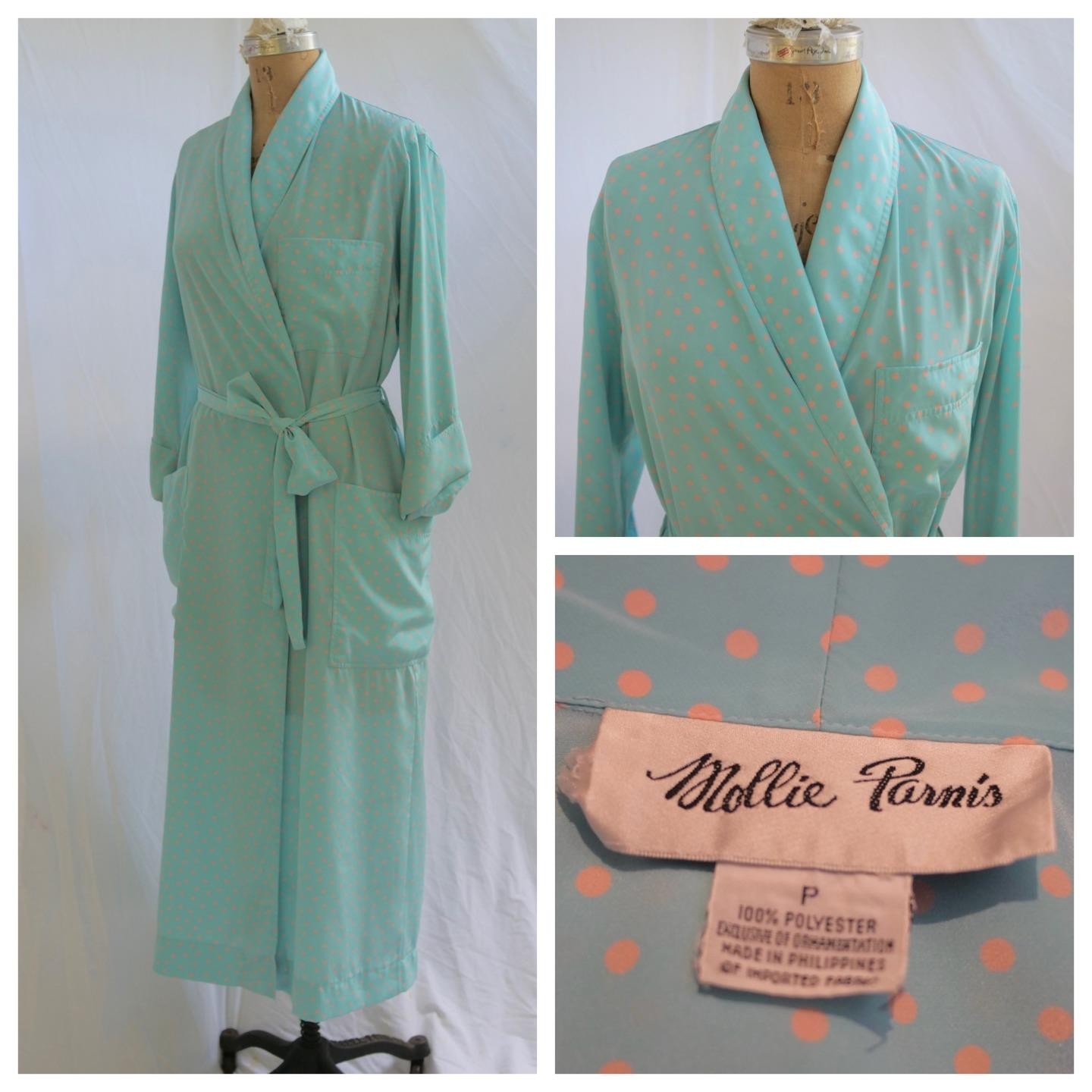 Vintage 70s MOLLIE PARNIS Mod Blue Pink Polka Dot Wrap Robe P S
