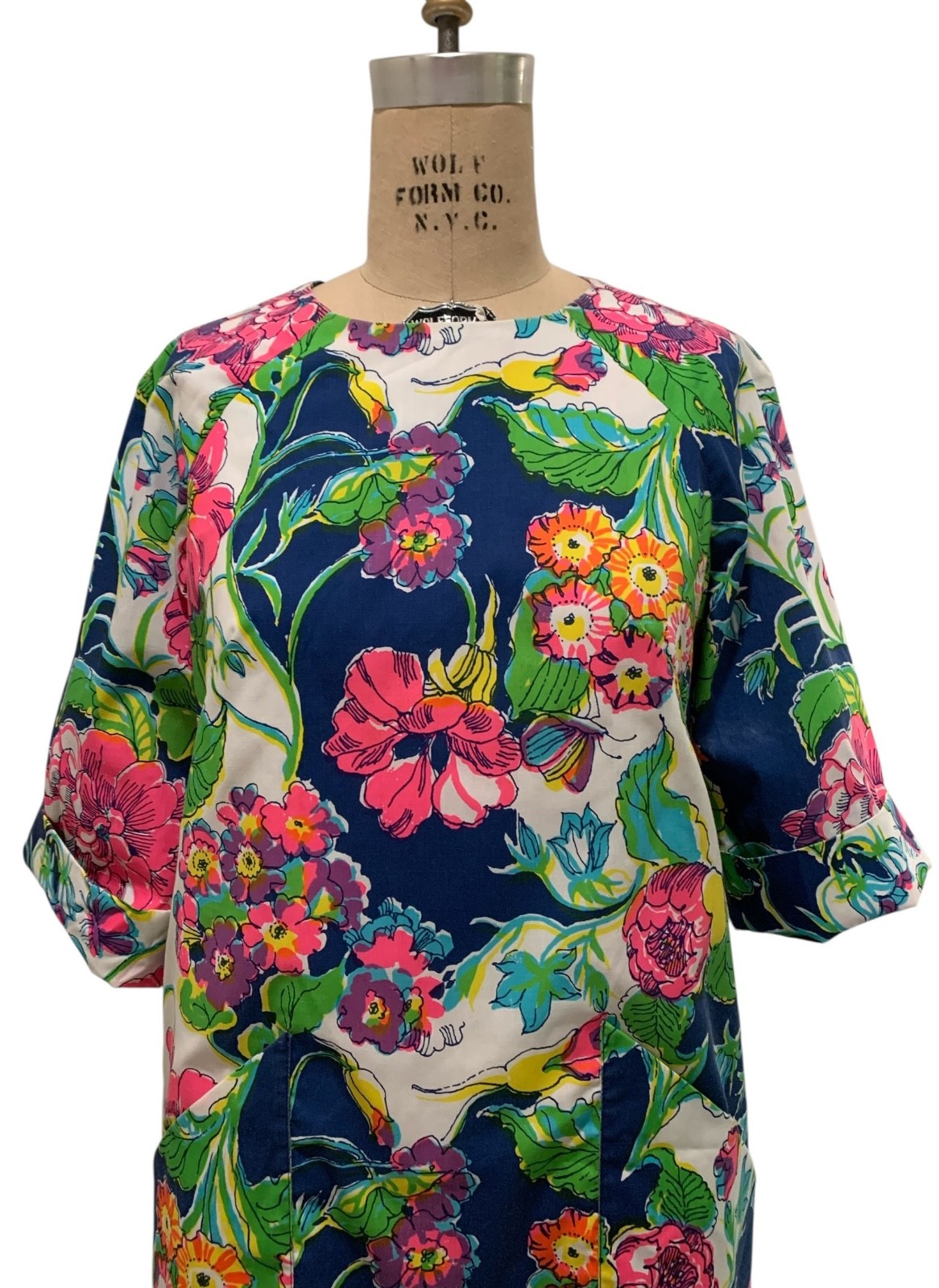 VANDA Key West Hand Print Vintage 70s/80s Women&rsquo;s Navy Floral Shift Dress Sz M/L