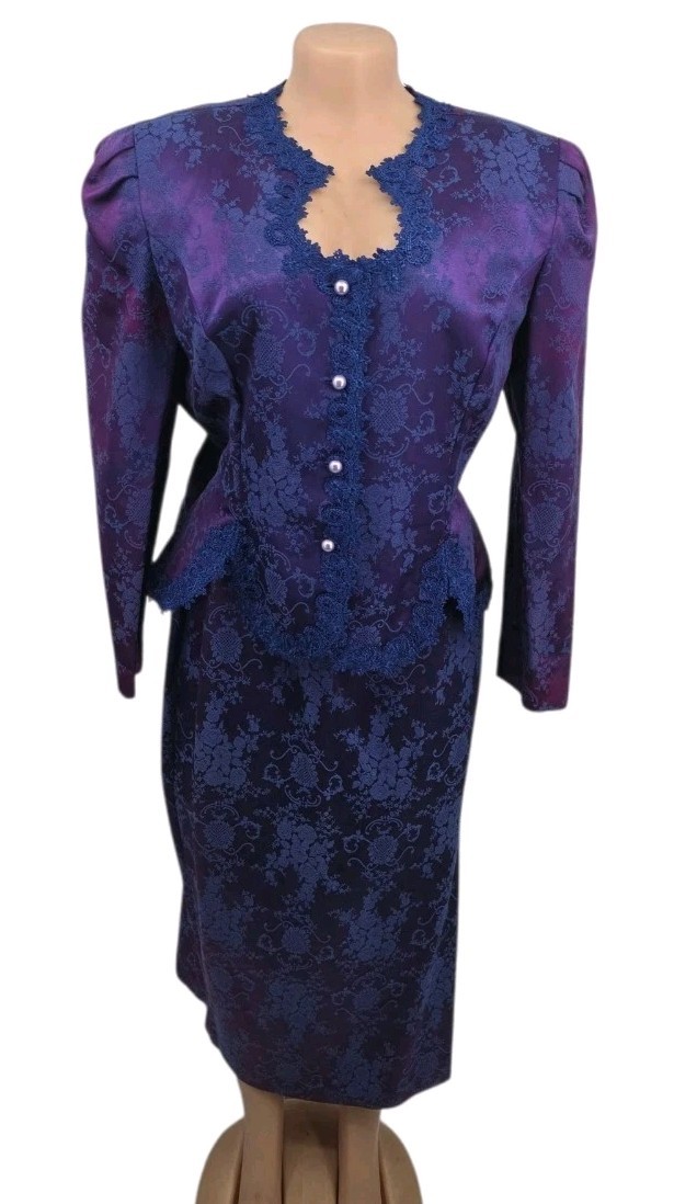 Vtg 80s Nah Nah Collection Formal Purple Floral Brocade Skirt Suit Women 14 Glam