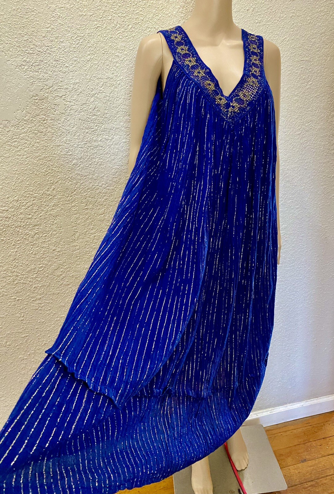70s Boho Indigo Blue Sheer Cotton Gauze Gold Metallic Crochet Lace Sundress OS