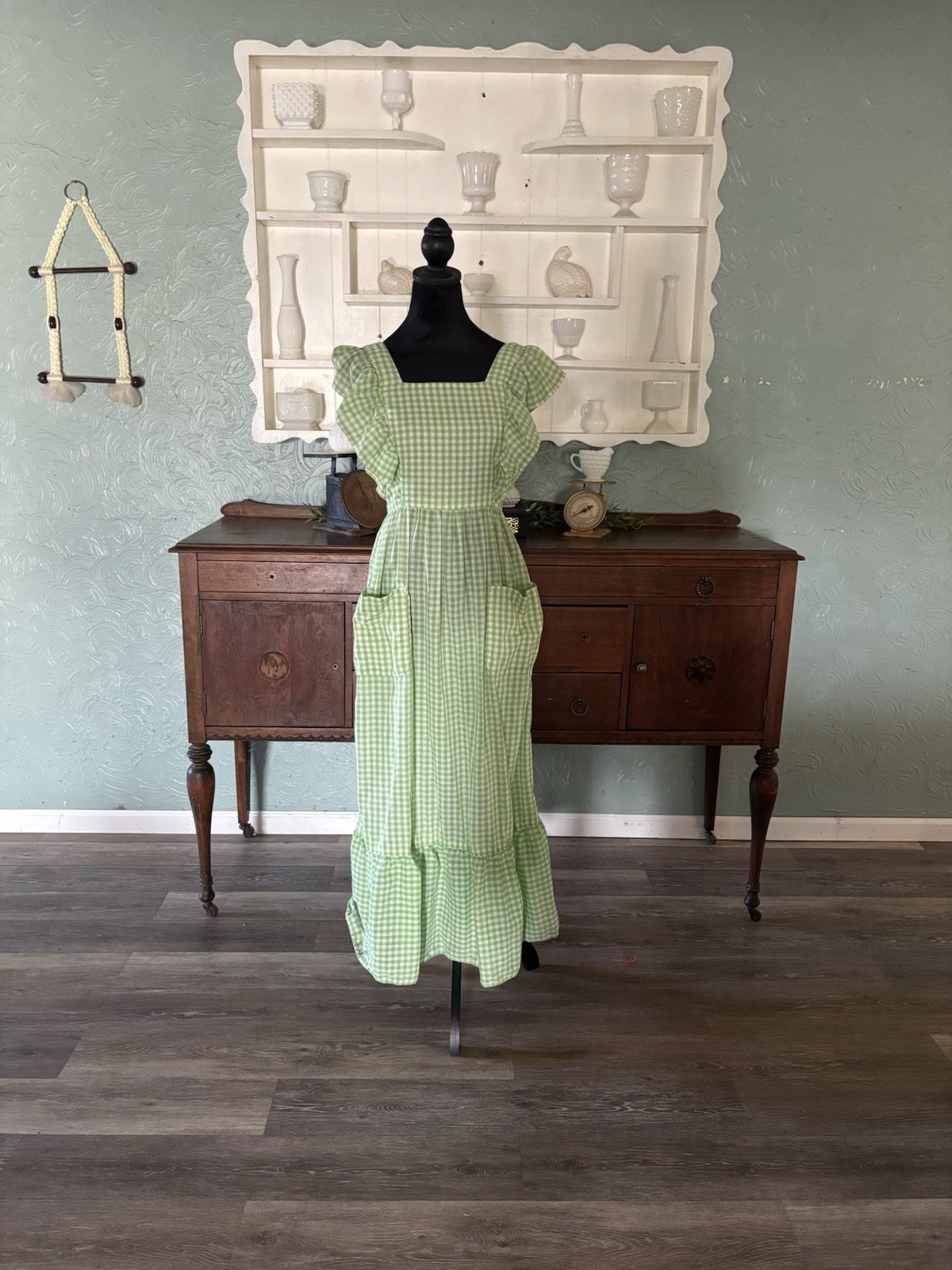 Vintage Cottagecore Light Green Gingham Prairie Dress Ruffle Sleeve Maxi