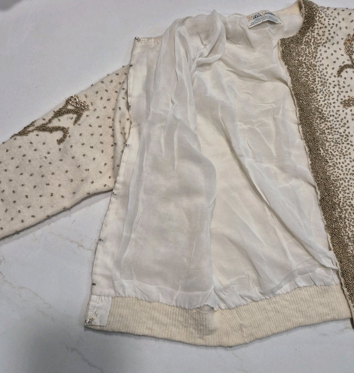 Vintage Miles Sweaters Hand Beaded Ivory Wedding Cardigan Lambswool Formal Rare