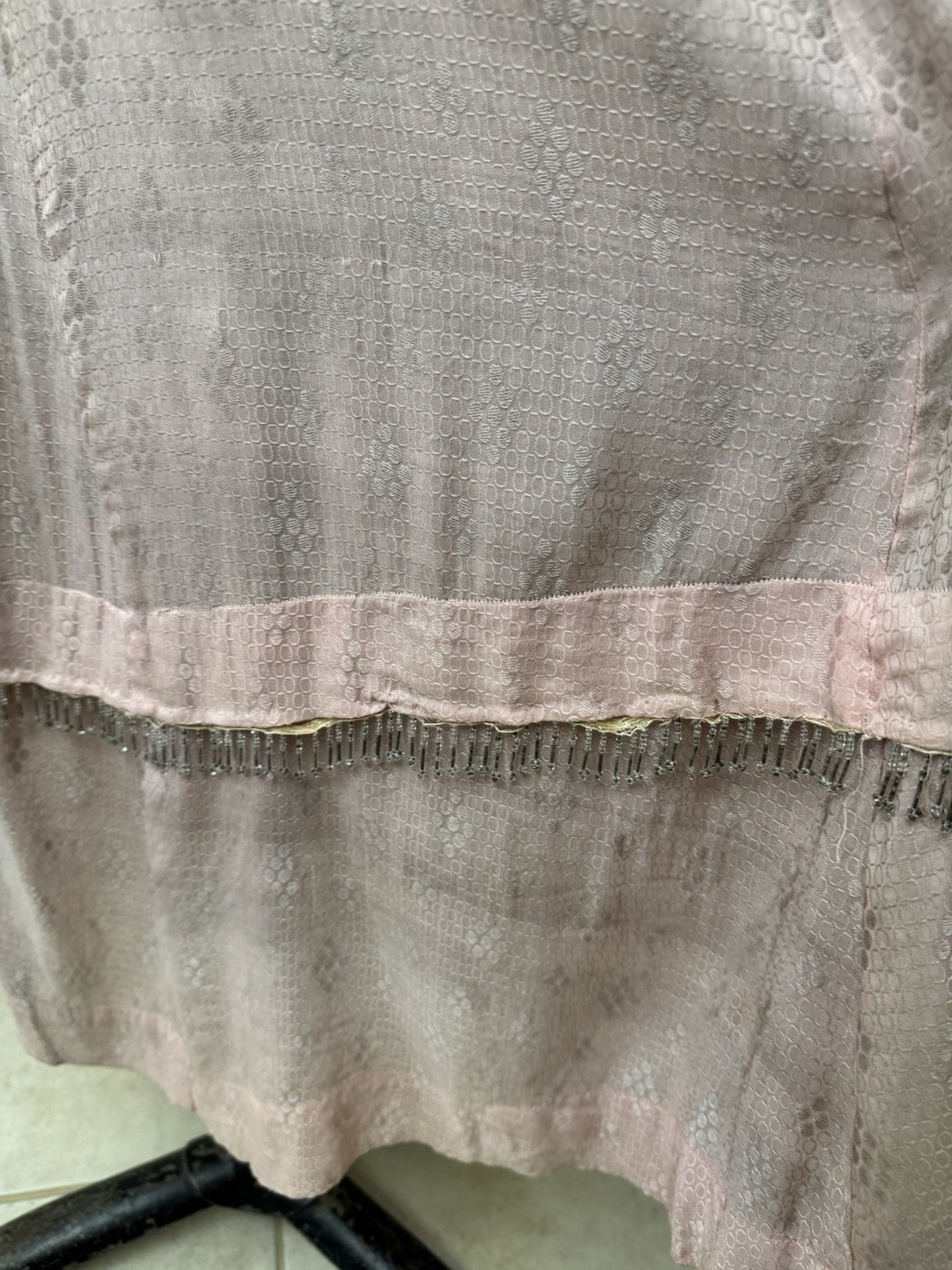 Vintage 1920s Pink Silk Jacquard Flapper Dress Soutache Bugle Bead Fringe Deco