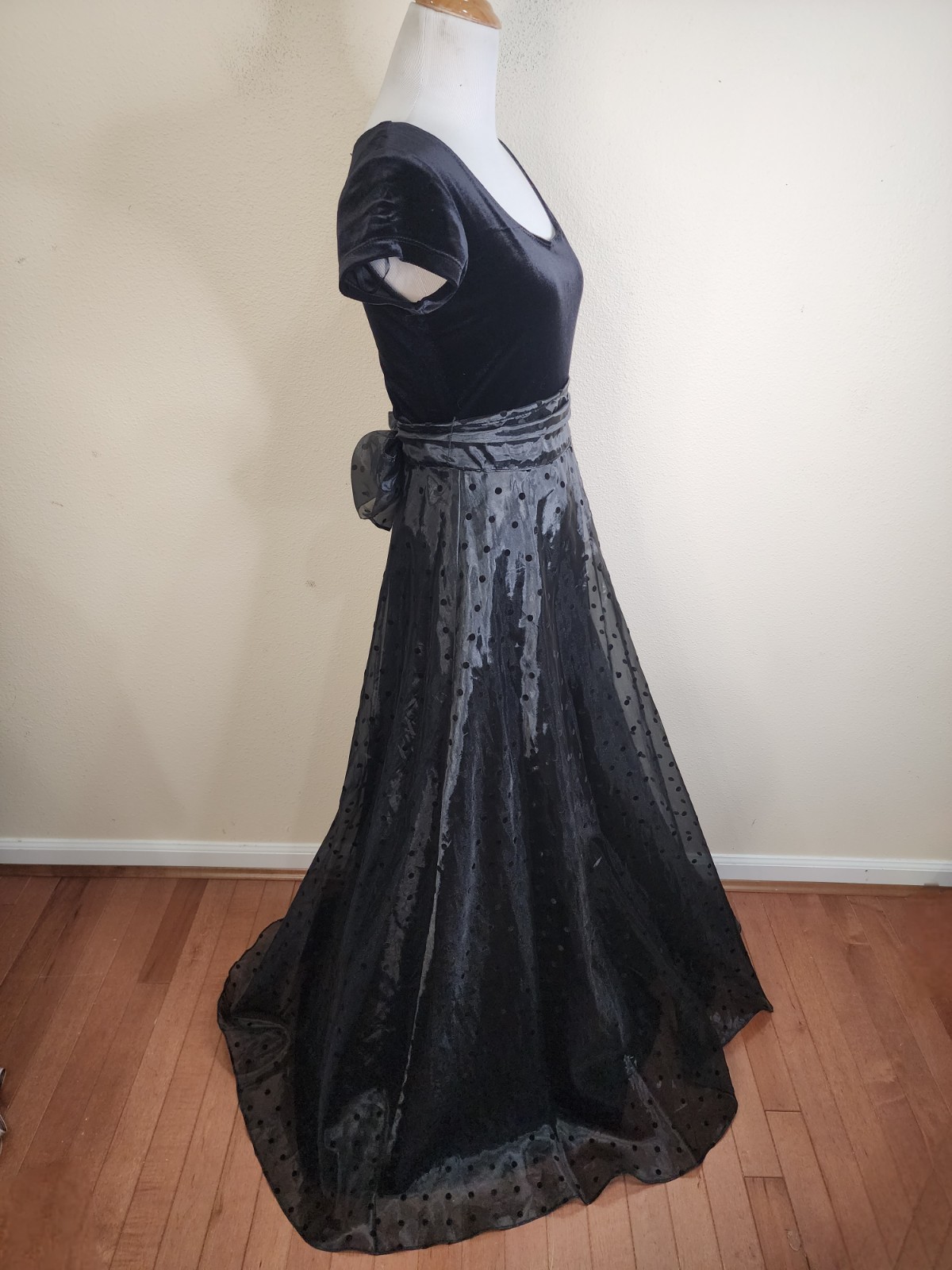 Vintage Velvet Organza Belted 5/6 Short Sleeve Polka Dot Whimsical Fairy Dress