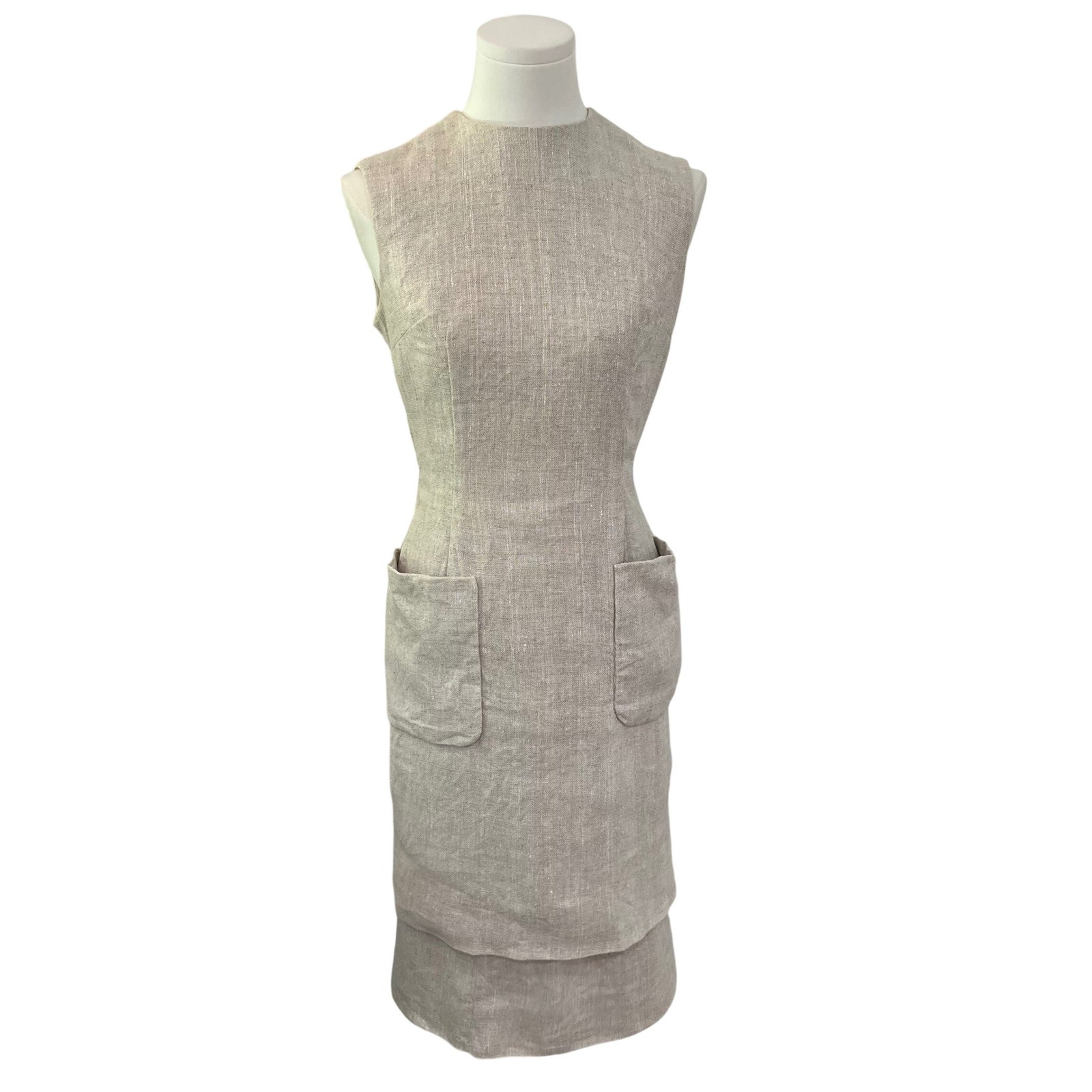 Vintage 1950s Junior Sophisticates Oatmeal Linen Sheath Dress Button Back Set S