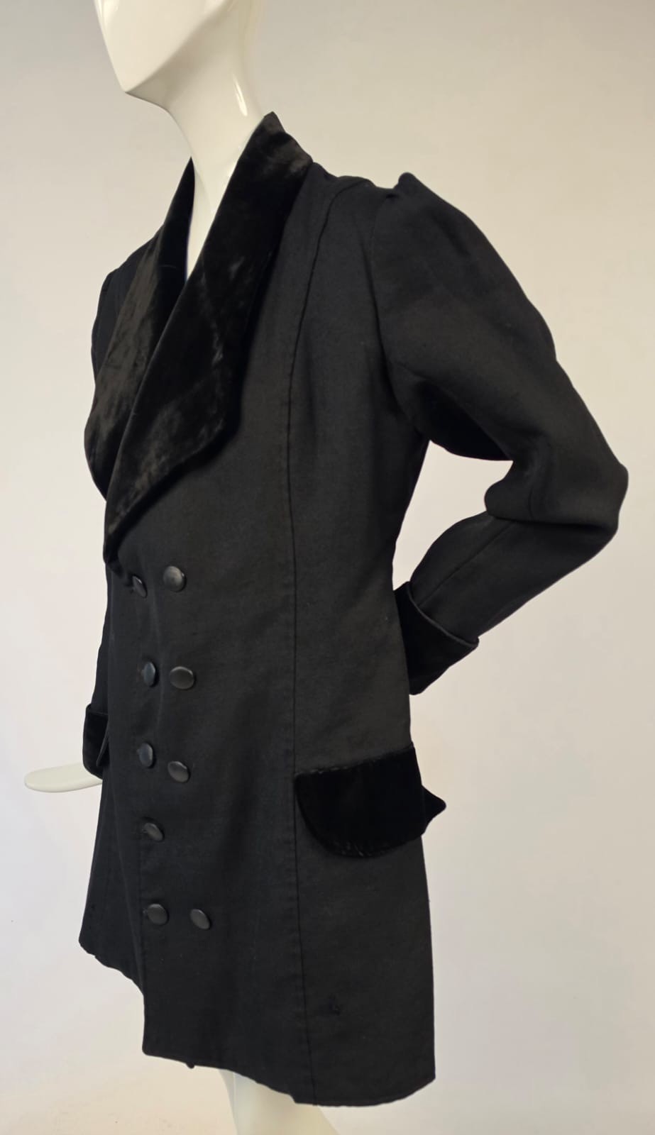 EDWARDIAN BLACK WOOL WALKING SUIT JACKET W VELVET TRIM