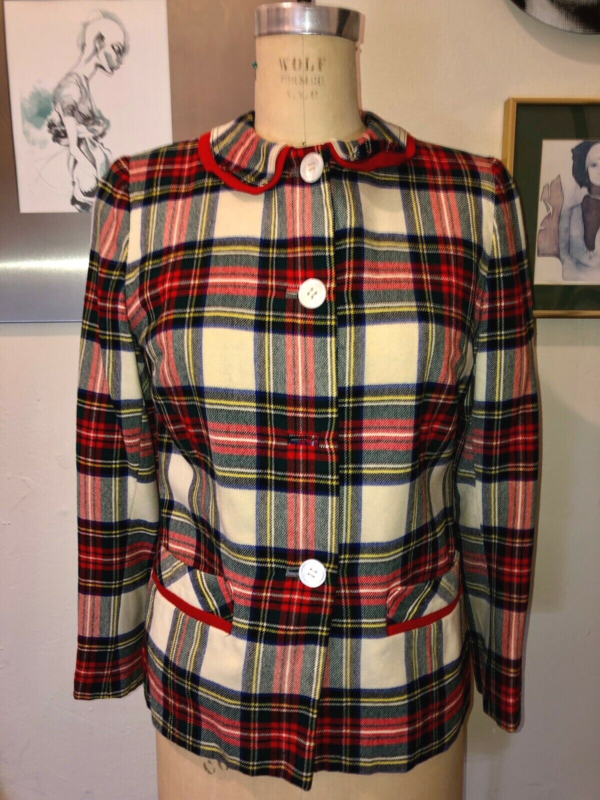 VTG 50&rsquo;S ED BEHAN&rsquo;S TWEED SHOP*CUTE!! WOOL RED GREEN PAID TARTAN CHECK JACKET*S