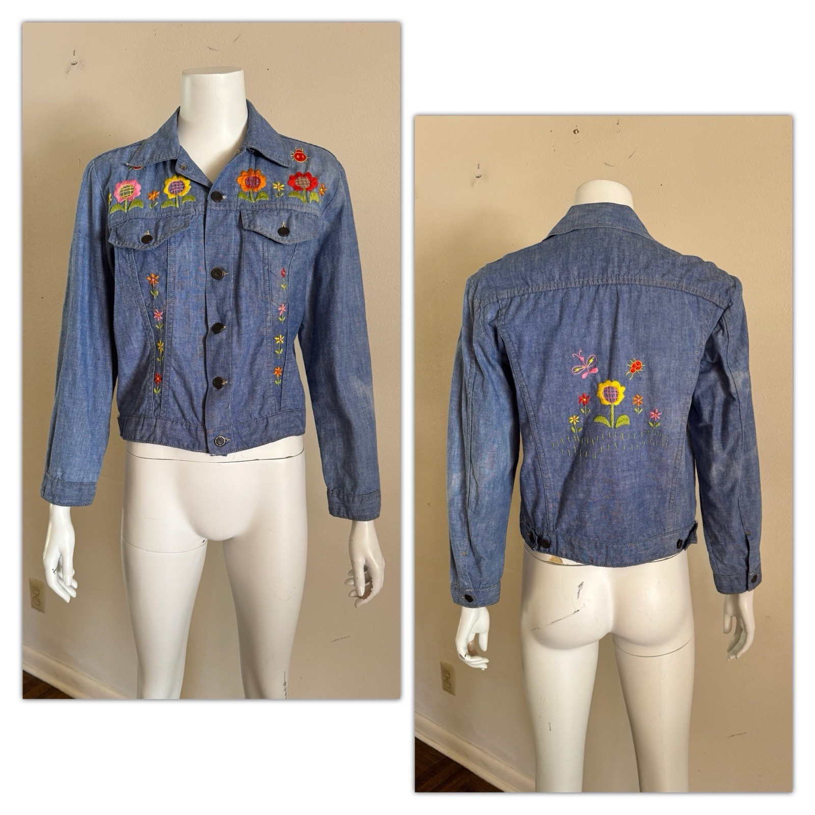 1970s Embroidered Chambray Jacket Floral Western Trucker Cotton Mexico S/M VTG