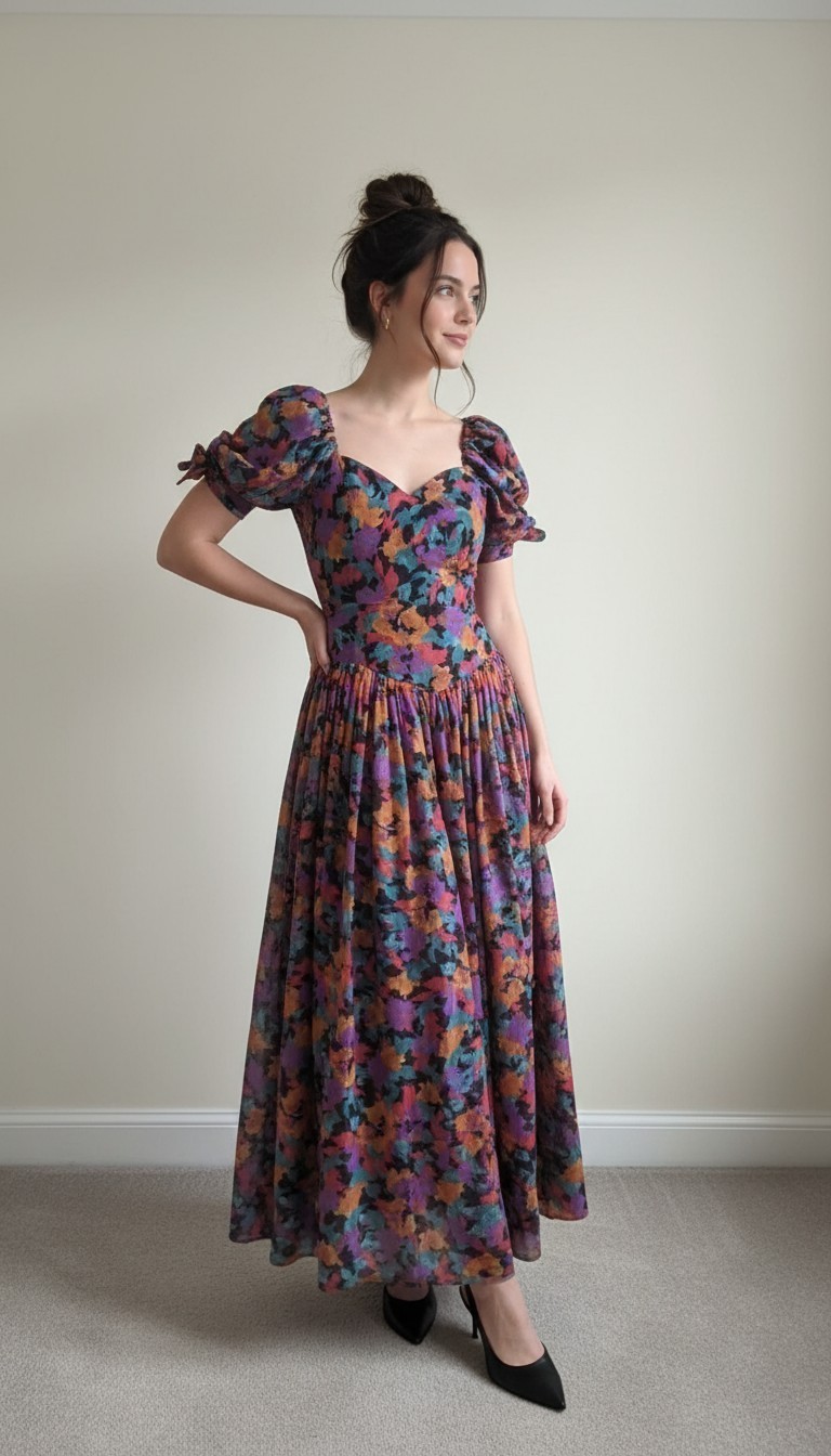 Vintage 80s Maxi Dress Puff Sleeve Bow Floral Avant Garde Runway Prom Gown UK 12