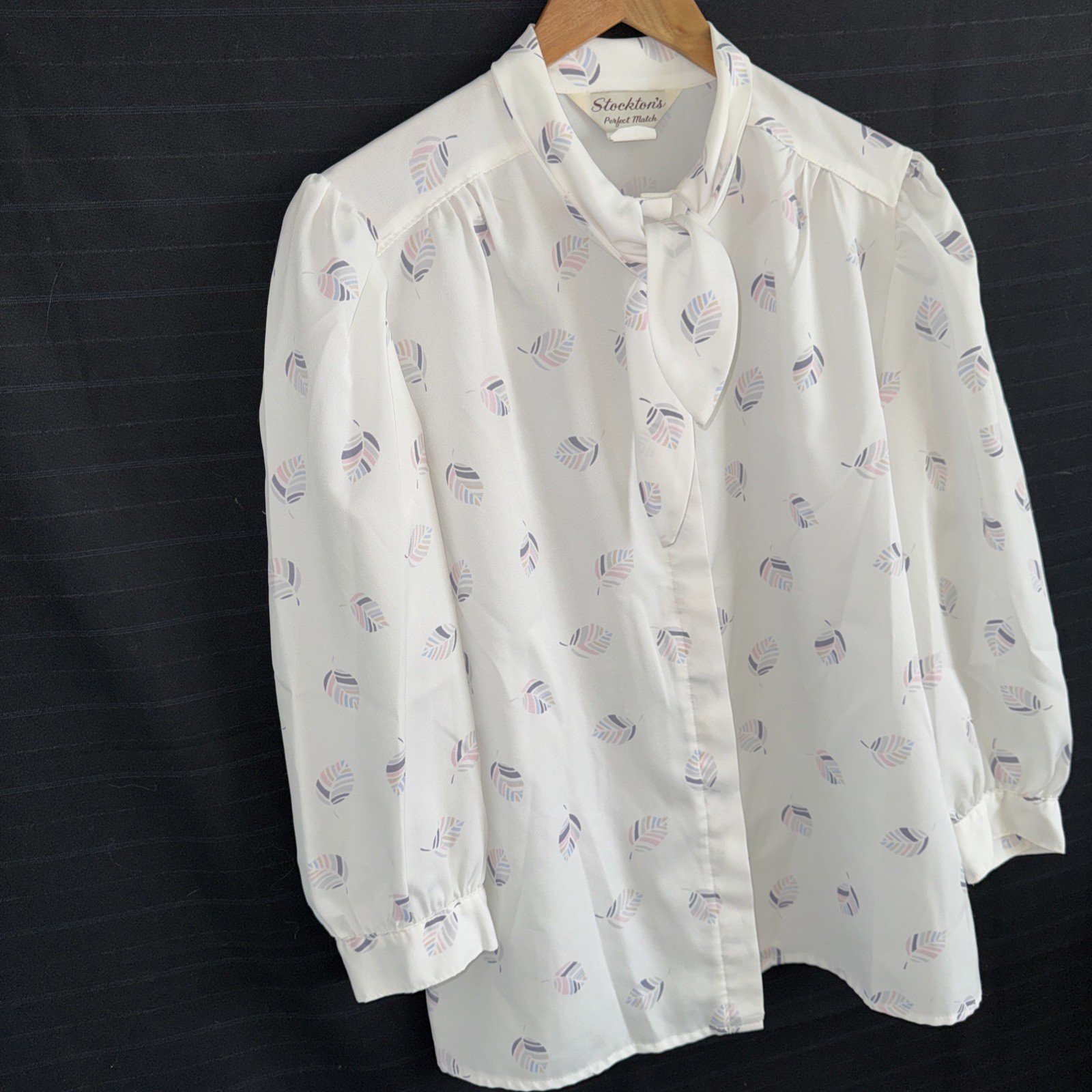 Vintage 80s Stocktons white pastel leaf printed blouse shirt pussybow tie sz 14