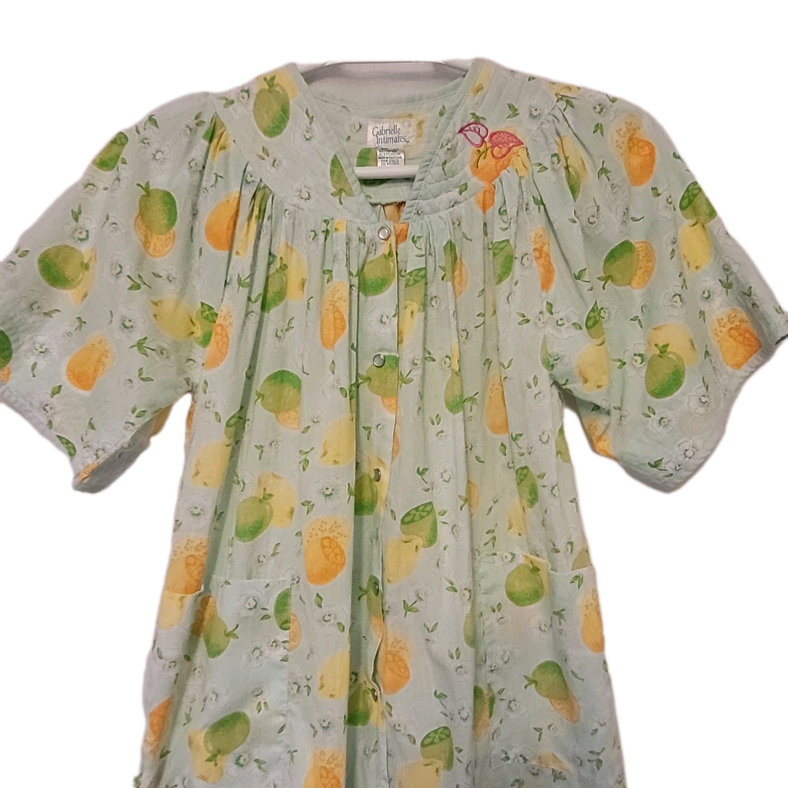 VTG Wmn&rsquo;s House Dress Duster Citrus Fruit Pattern Pockets Pearl Snap Size 2X