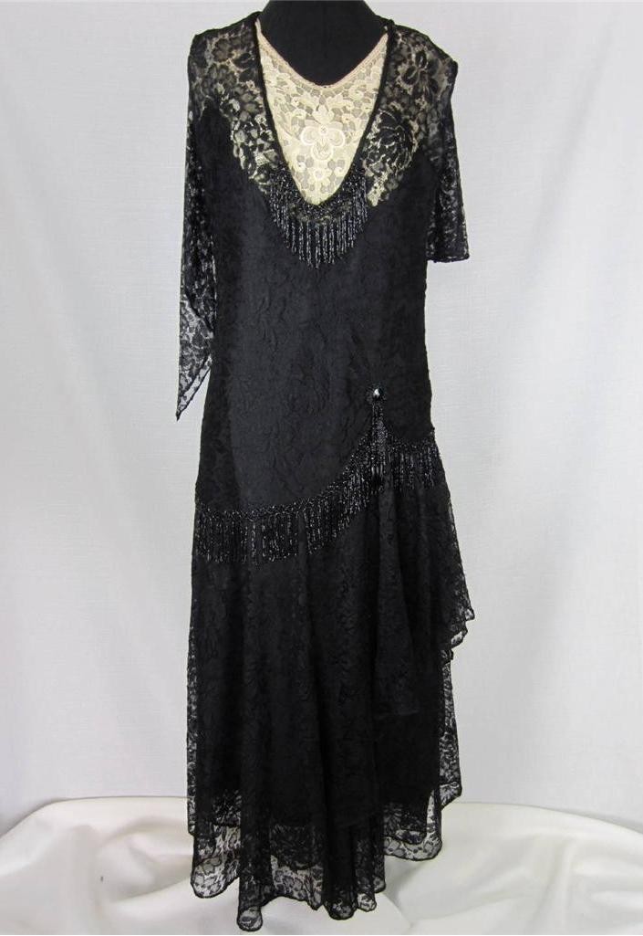 Flapper Dress, Gown Exquisite Beaded Black Lace True VTG 1920s – 30s Paris