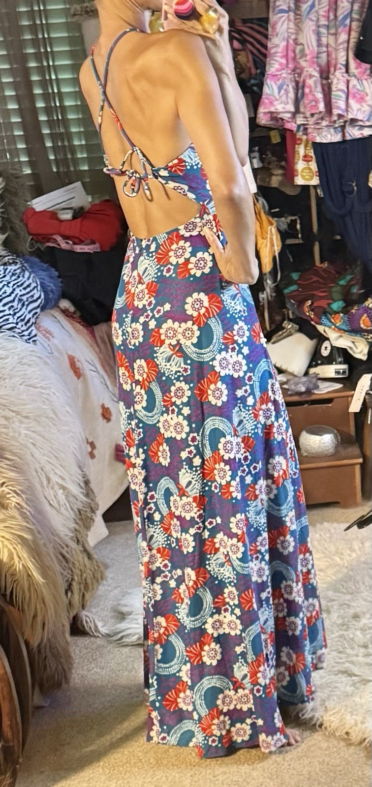 Vtg Psychadelic Empire Open Back Side Slit Maxi Dress Goddess Peep XS 60s 70s