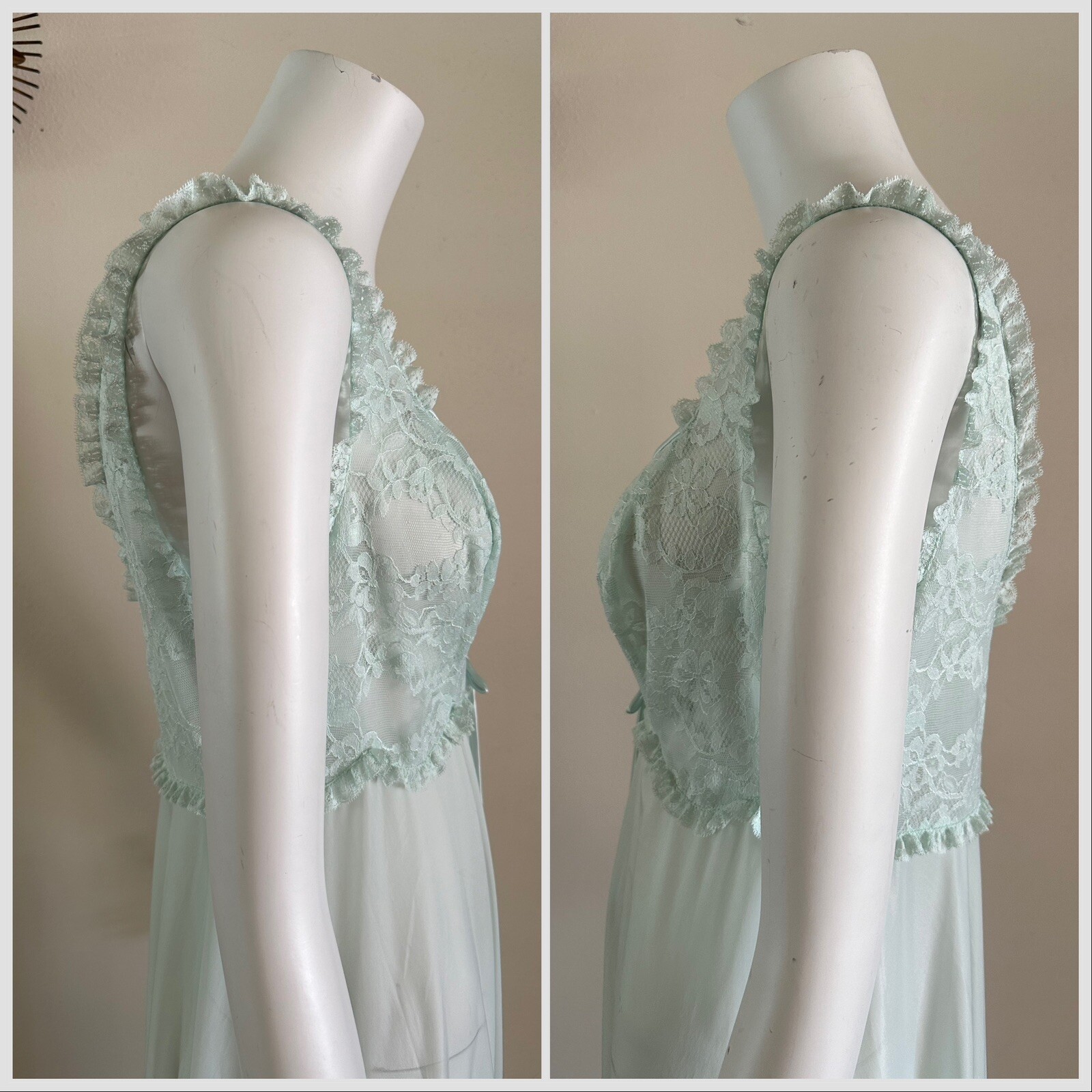 1960s Vanity Fair Mint Green Nylon Tricot Lace Nightgown Slip Dress Negligee VTG