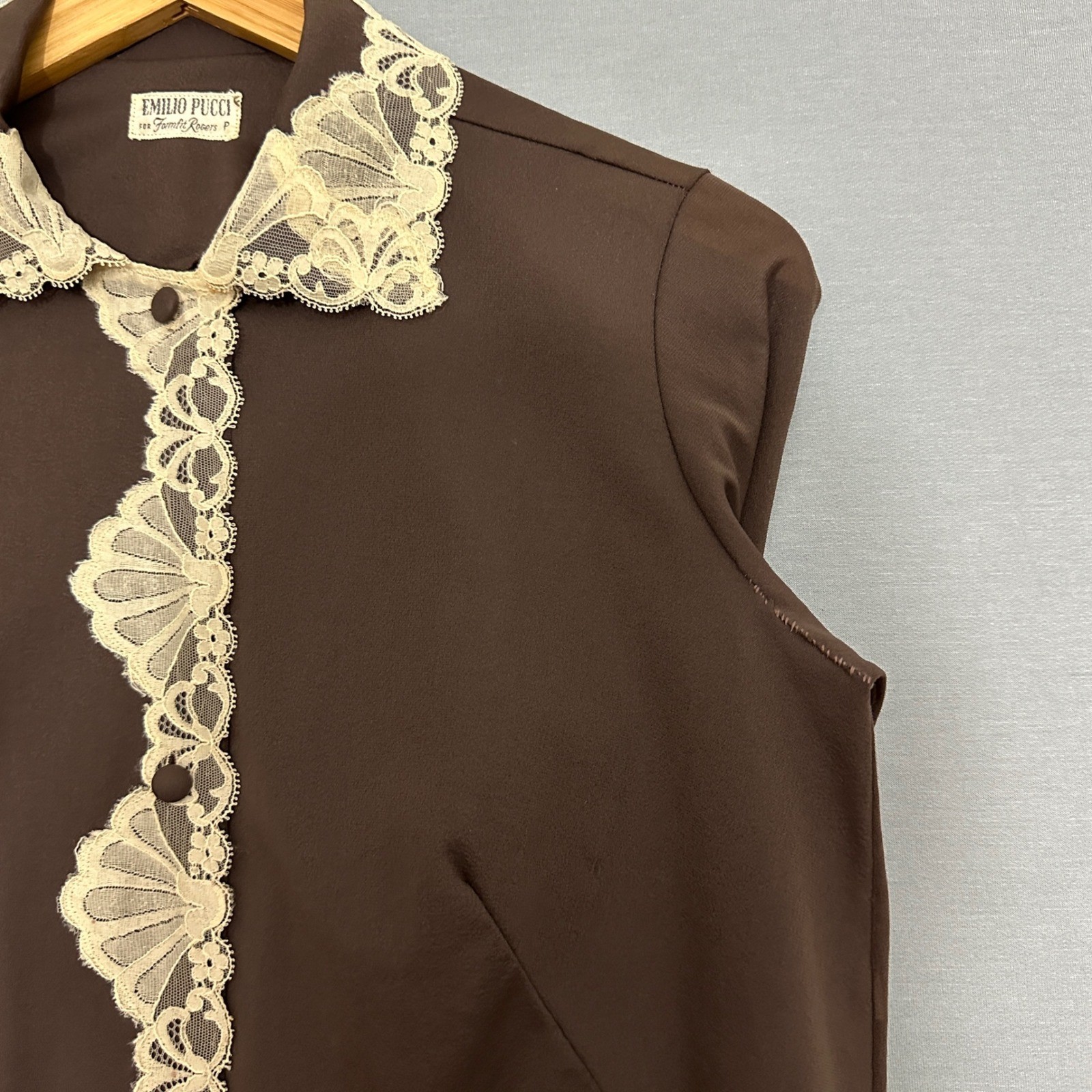 VTG 60s Emilio Pucci Formfit Rogers Womens Top 8 Brown Lace Trim Retro Romantic
