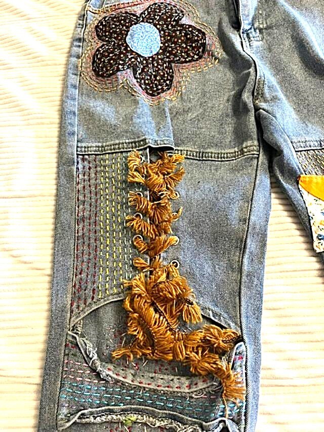 Totally hand patched embroidered upcycled custom Womens jeans 1 of a kind – Med