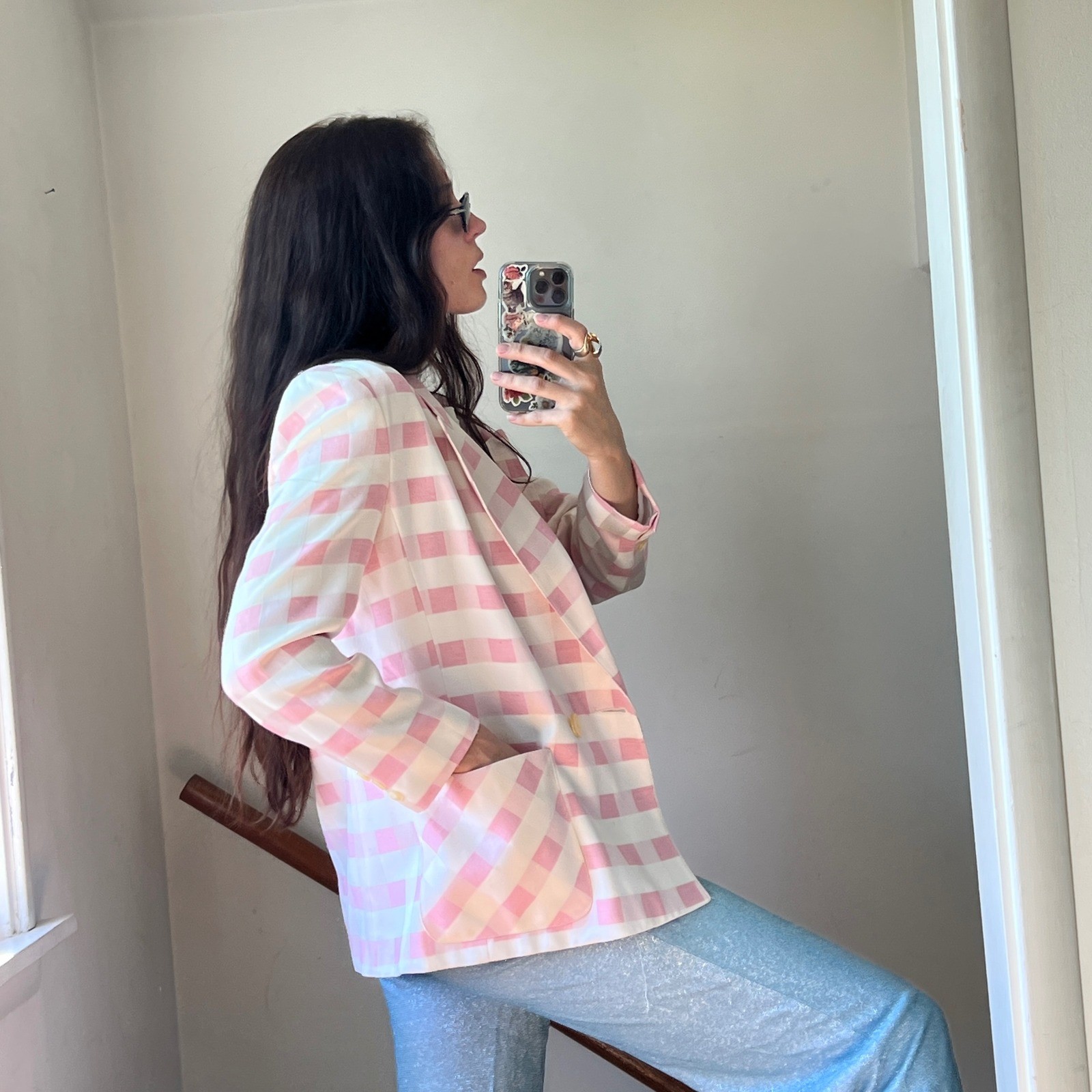 Vintage 1980s Blazer Pink White Gingham Check Double Breasted Jacket Avant Garde