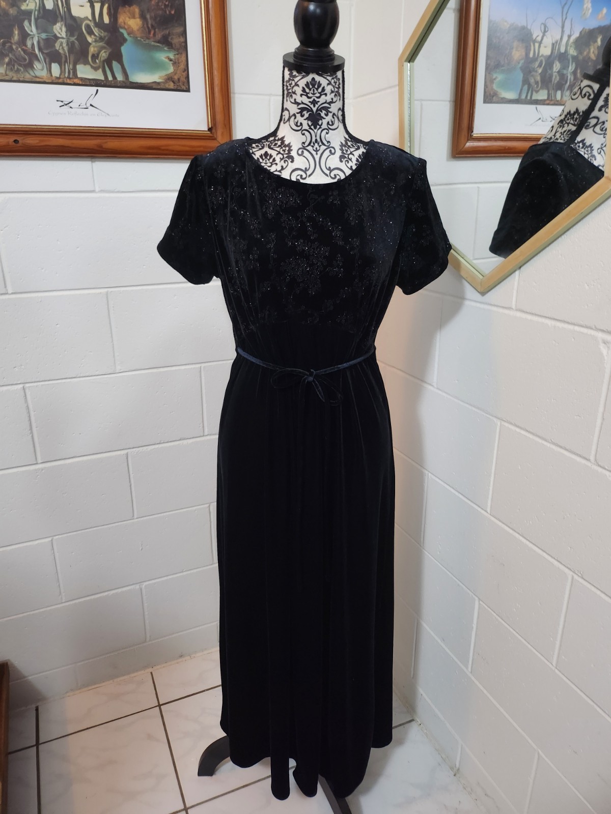 GOTHIC BLACK Dress Another Thyme Vintage 90&rsquo;s Designer Label Diamonte Velvet S