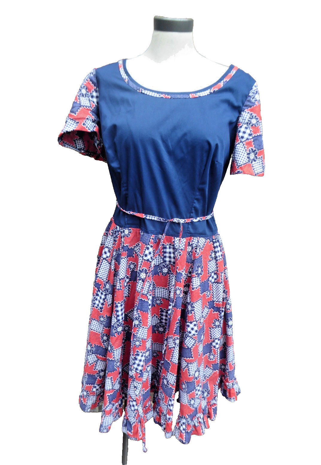 Vtg 70s Patchwork Quilt Print Dress Handmade Tulip Sleeve Patriotic Prairie Med.
