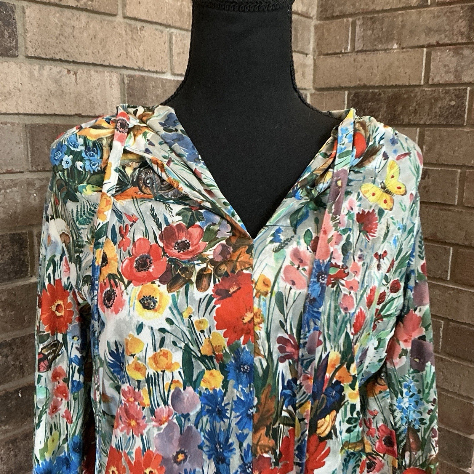 70s VTG Floral 2pc Set Blouse Skirt Size 14 Mushroom Butterfly Cottagecore #1D6