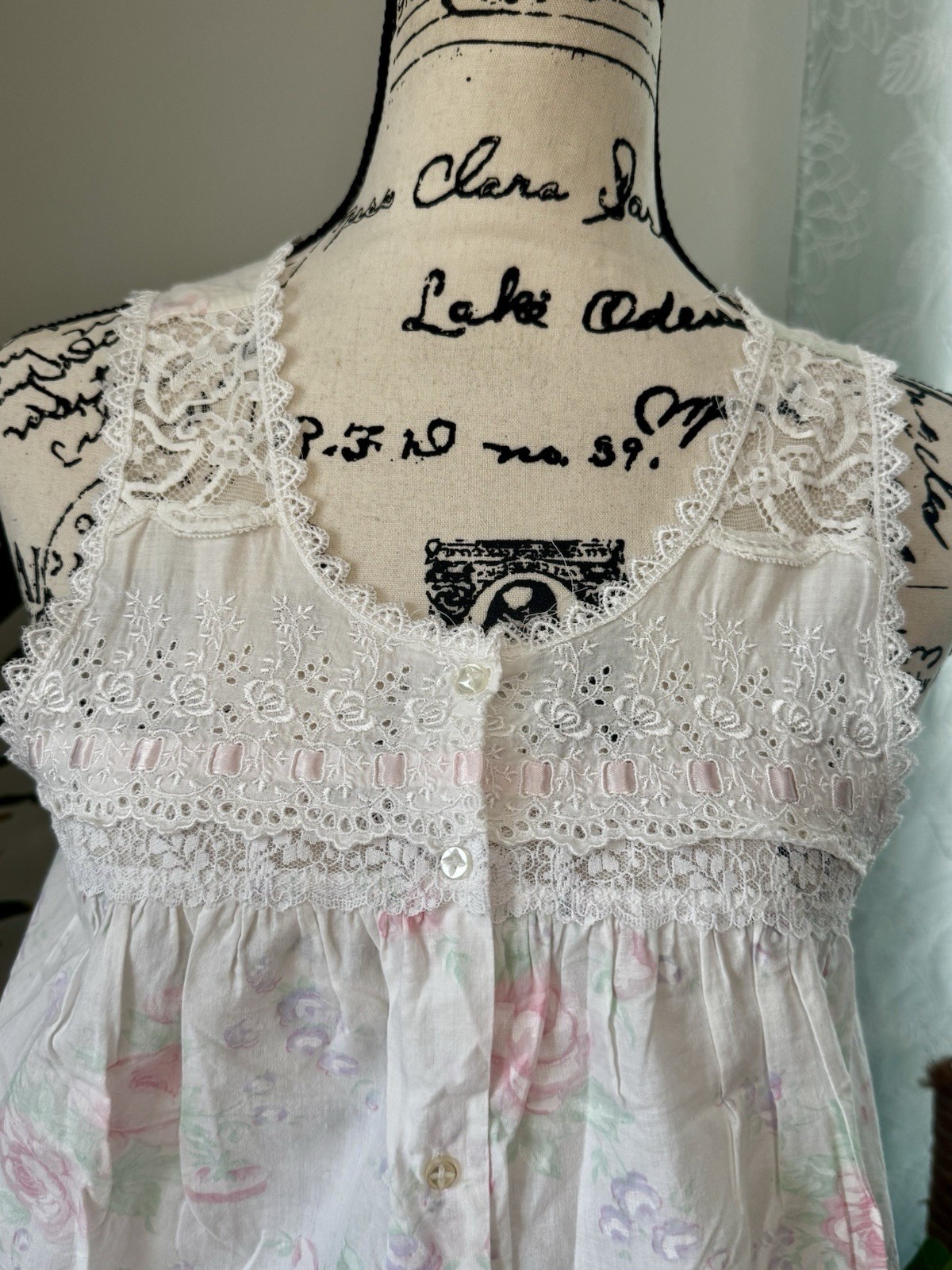 Vintage 1970s Christian Dior Petite Floral Cotton Nightgown Lace Trim