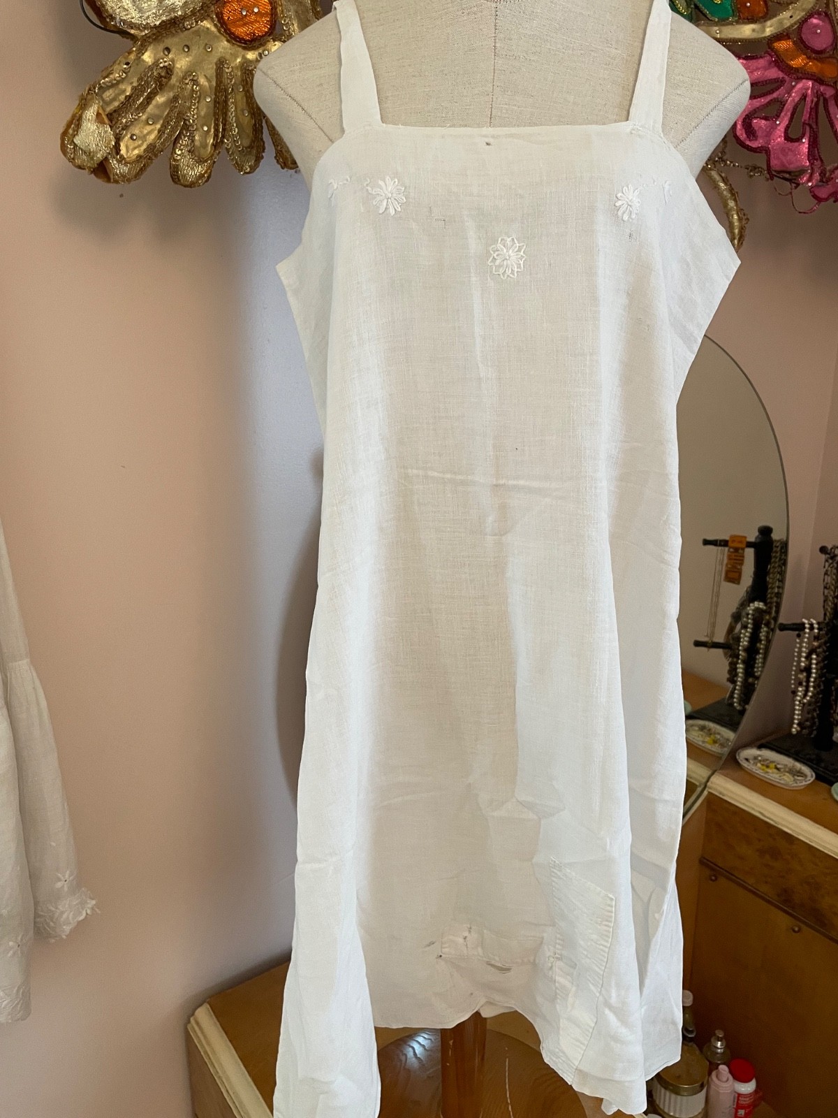 Antique Edwardian White Cotton Floral Embroidered Step In All-In-One S/M Slip