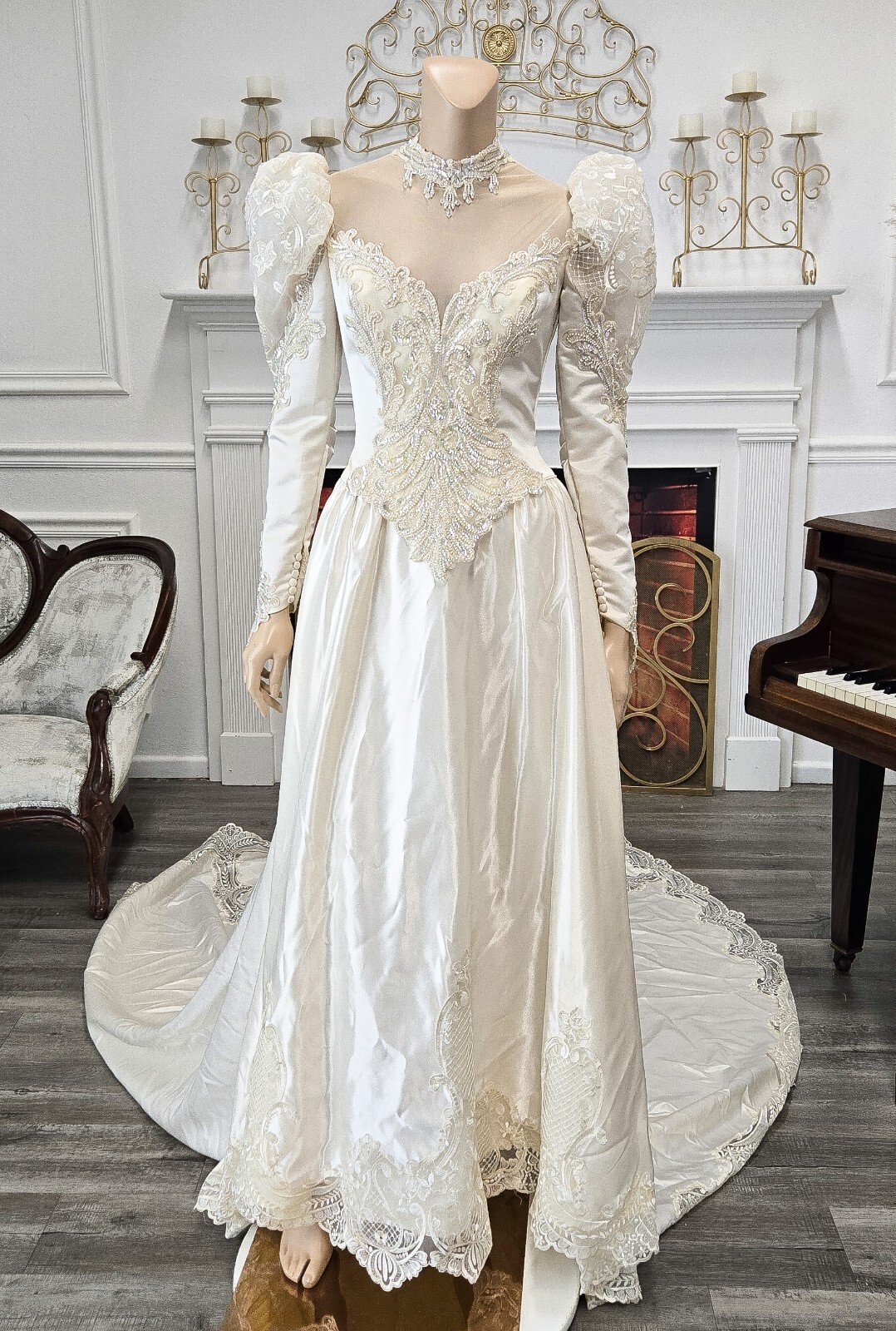Union Made Vintage 80s Ivory Satin Sequin & Lace Long Sleeve Wedding Dress sz 10