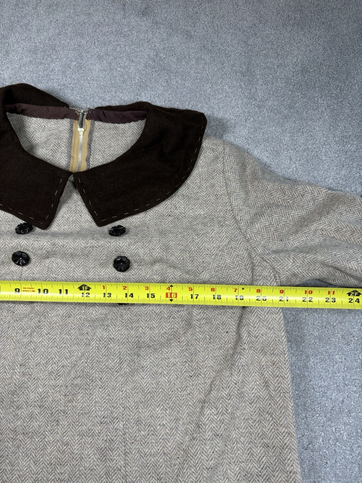1950s Wool Shift Dress Herringbone Handmade Collared Short Sleeve Women’s L/ XL