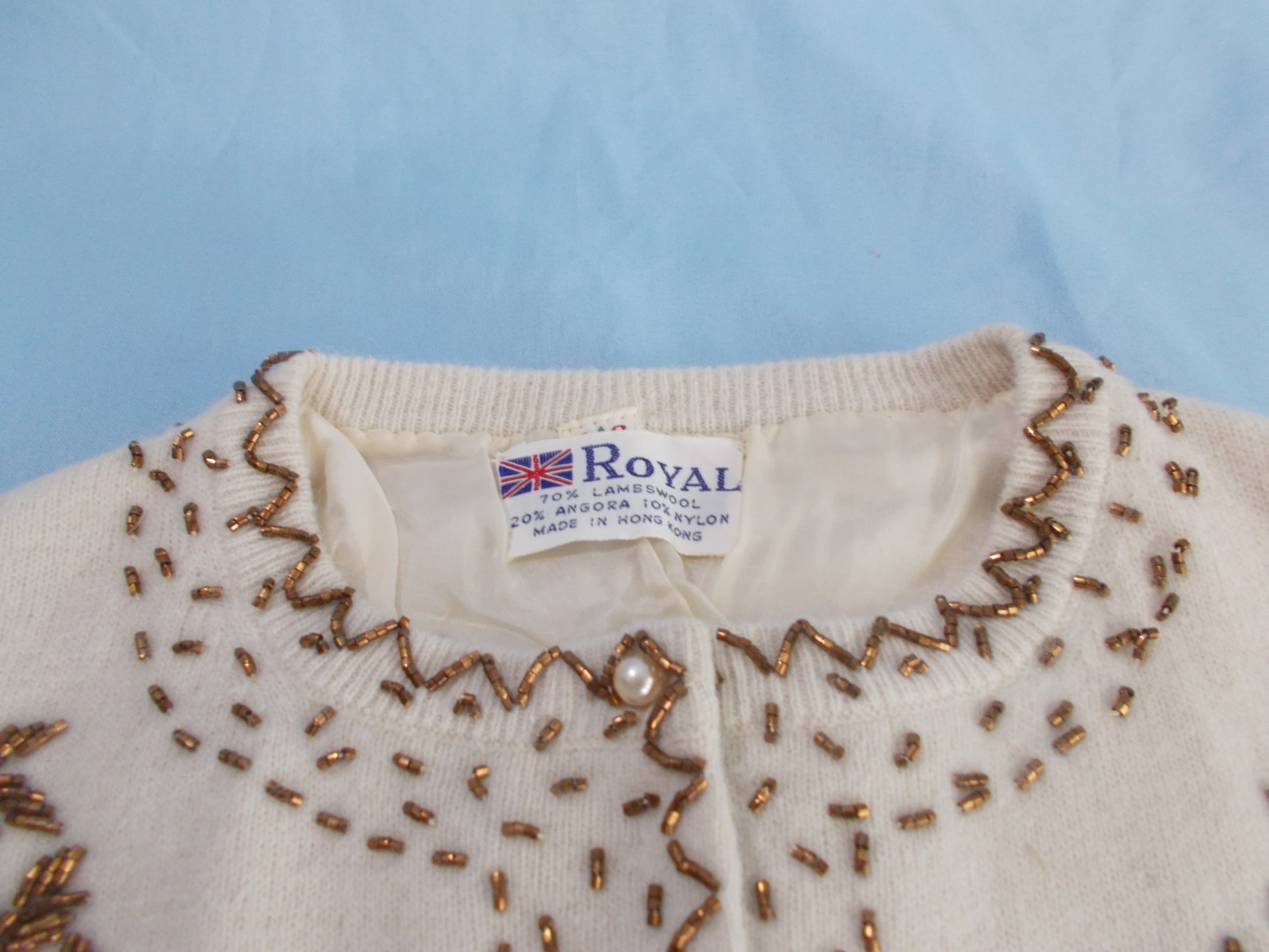 Vintage ladies BEADED WOOL CARDIGAN sweater ivory with bronze beading Sz. 38
