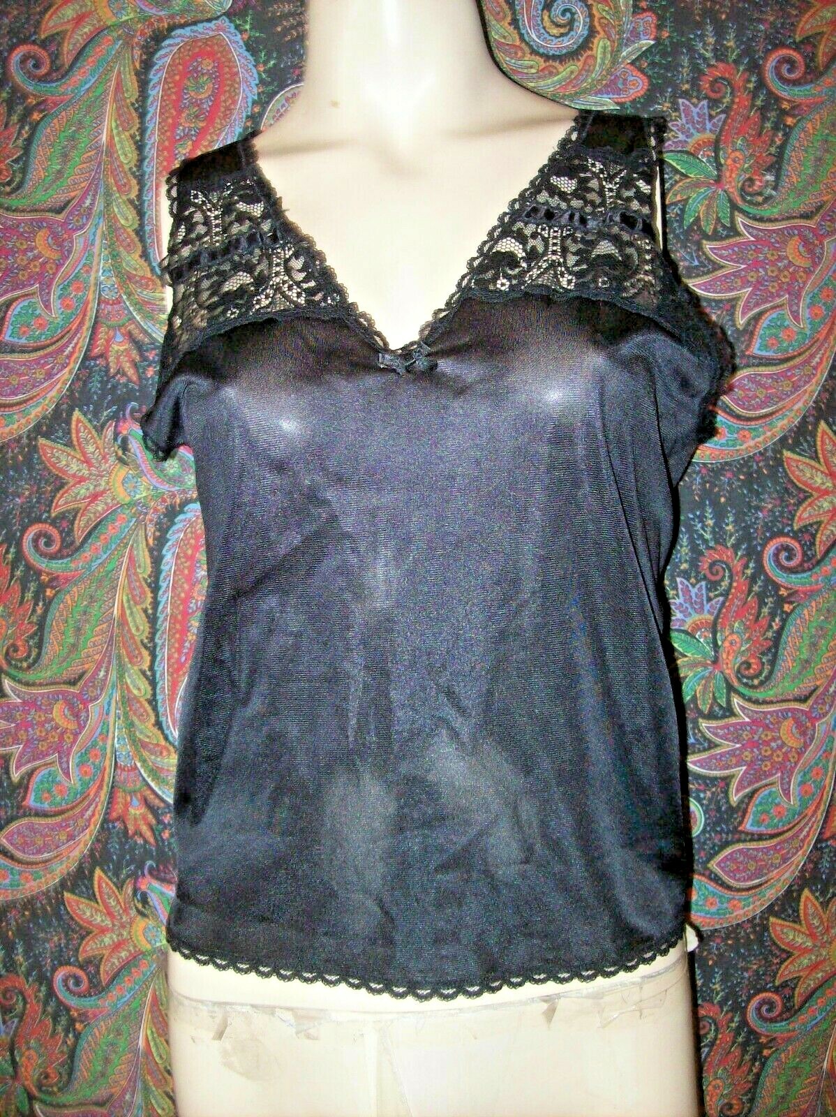 Vintage Melody USA Black Lacy Nylon Empire Camisole Lingerie L