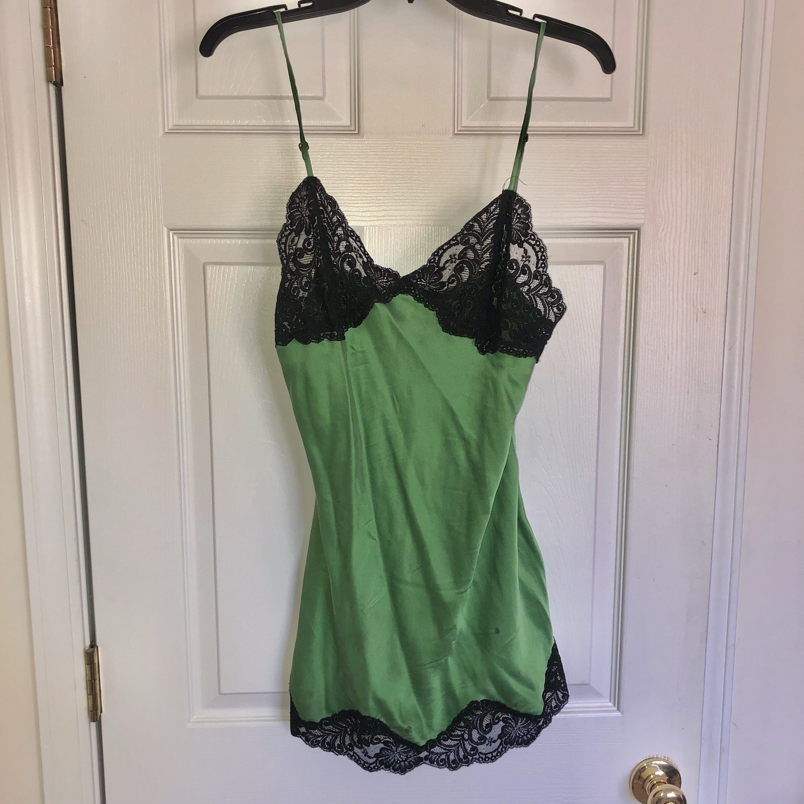 PREOWNED Vintage Cacique Emerald Green Teddy With Black Lace 100% Nylon Size M