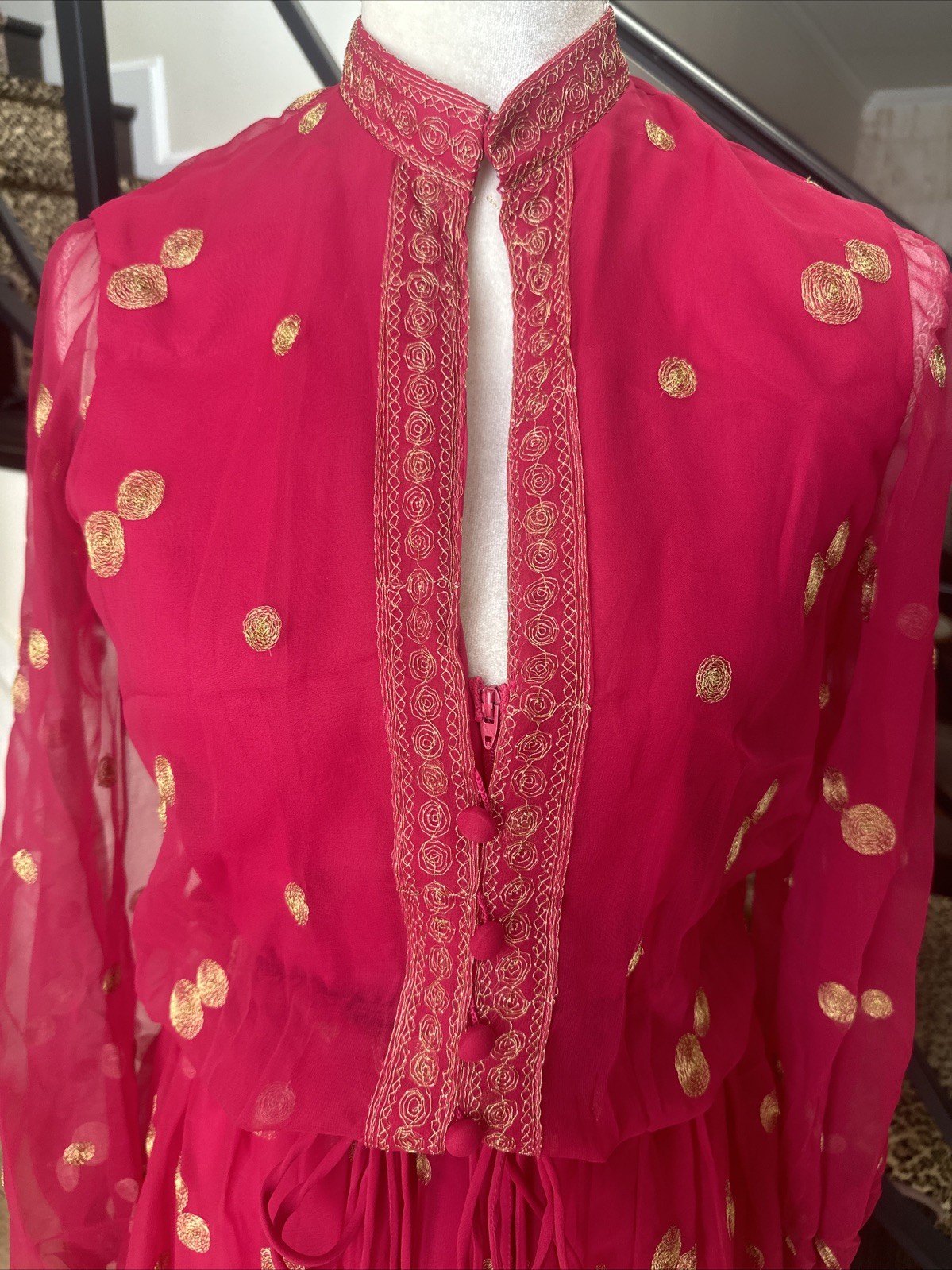 Jack Bryan NWT 70s Raspberry Pink Voile & Gold Embroidery Blouson Maxi Dress S